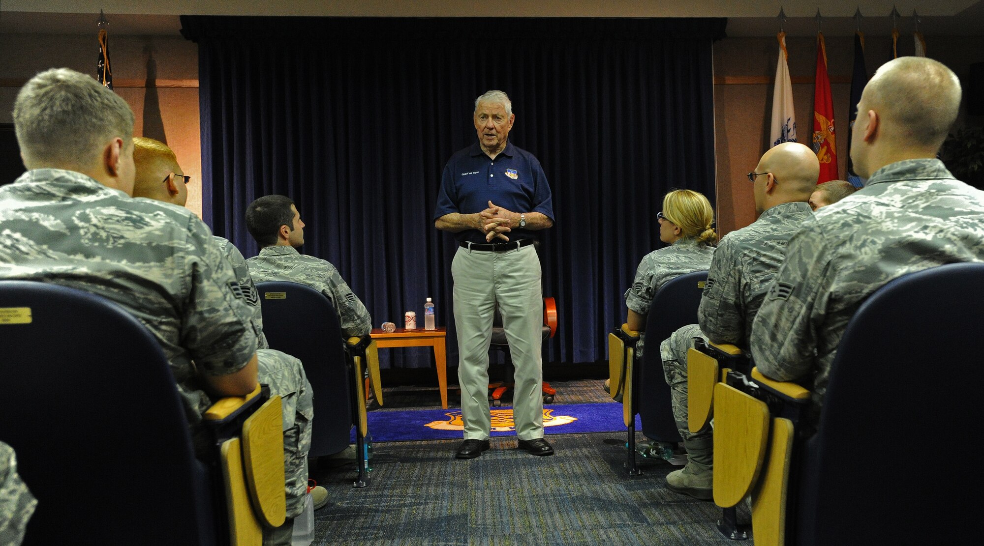 Retired Chief Master Sgt. Robert Gaylor visits with Airmen at Binnicker Professional Military Education Center at Joint Base Pearl Harbor-Hickam, Hawaii, Sept. 12, 2013. Gaylor spoke about his career and provided students with a few words of wisdom. Gaylor is the fifth chief master sergeant of the Air Force. (U.S. Air Force photo/Tech. Sgt. Jerome S. Tayborn)