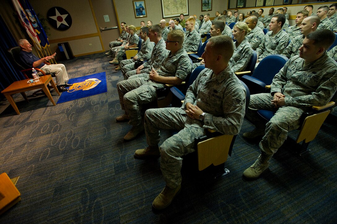 Retired Chief Master Sgt. Robert Gaylor, fifth chief master sergeant of the Air Force, addresses Airman Leadership Class 13-D at the Binnicker Professional Military Education Center, at Joint Base Pearl Harbor-Hickam, during his visit, Sept. 12, 2013. Gaylor encouraged JBPH-H Airmen to take advantage of every opportunity by maintaining a constant positive attitude and honing their technical aptitudes. (U.S. Air Force photo/Tech. Sgt. Jerome S. Tayborn)