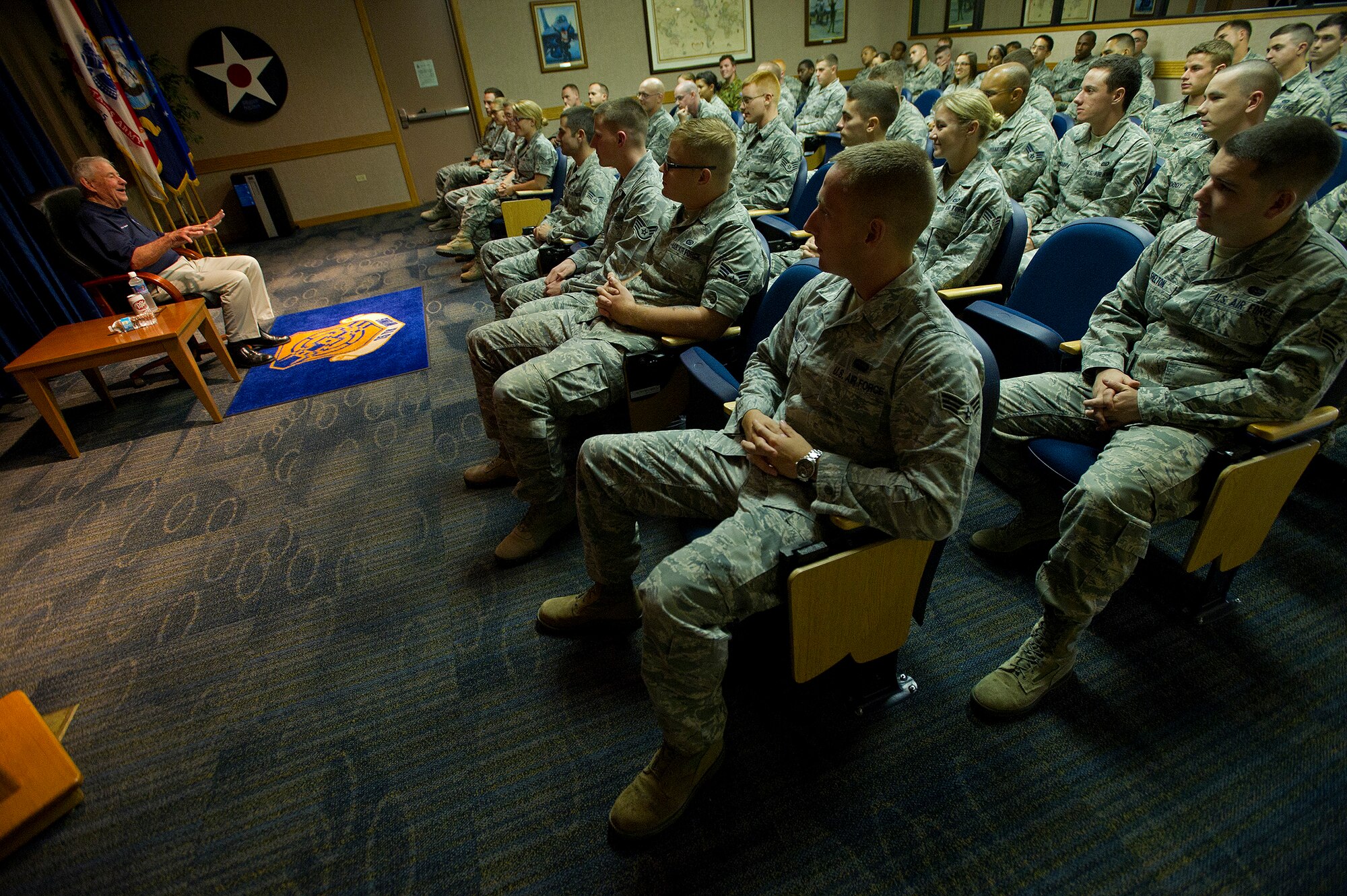 Retired Chief Master Sgt. Robert Gaylor, fifth chief master sergeant of the Air Force, addresses Airman Leadership Class 13-D at the Binnicker Professional Military Education Center, at Joint Base Pearl Harbor-Hickam, during his visit, Sept. 12, 2013. Gaylor encouraged JBPH-H Airmen to take advantage of every opportunity by maintaining a constant positive attitude and honing their technical aptitudes. (U.S. Air Force photo/Tech. Sgt. Jerome S. Tayborn)