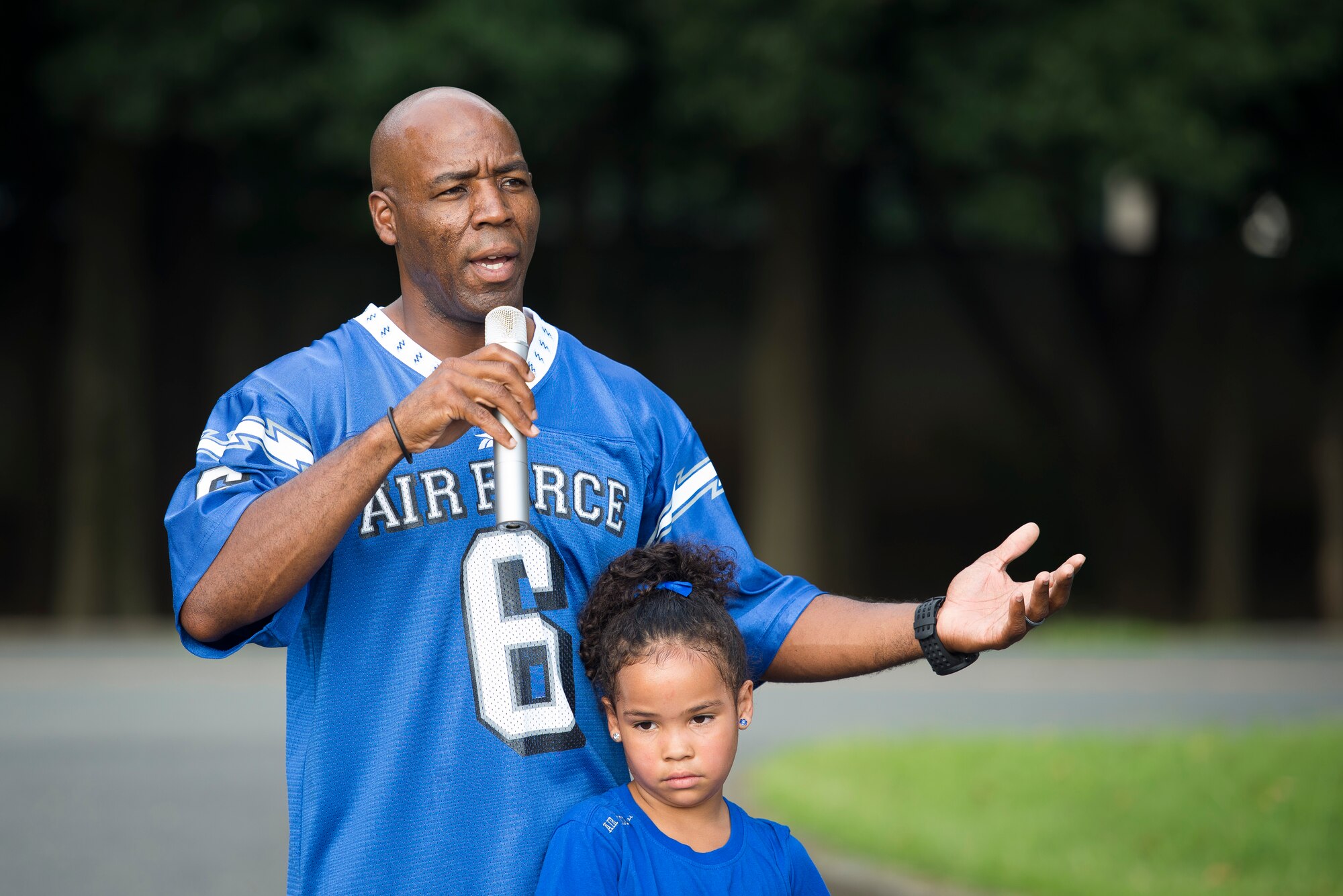 Col. Clarence Lukes, 374th Airlift Wing vice commander, gives opening remarks prior to the start of the Combined Federal Campaign 5K Fun Run Sept. 13, 2013 at Yokota Air Base, Japan. In addition to opening remarks, Lukes also ran the 5K. (U.S. Air Force photo by Staff Sgt. Chad C. Strohmeyer/released)