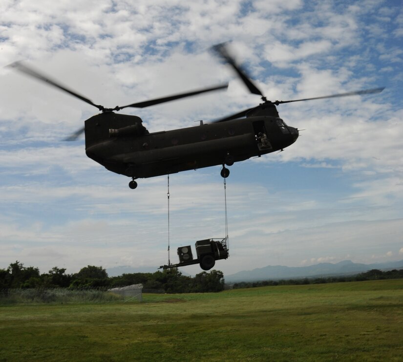 A Chinook-47 from Joint Task Force-Bravo’s 1-228 Aviation Battalion lifts a 4,823 pound environmental control unit, which will be used by JTF-Bravo’s Medical Element’s mobile surgical team Sept 16-21 in the Northern region of Honduras. The United States military personnel assigned to Joint Task Force-Bravo have been conducting medical readiness training exercises since Oct. 1993. Since that time, they have conducted more than 295 missions and treated more than 341,400 medical patients, 67,400 dental patients and 14,300 surgical patients throughout Central America.