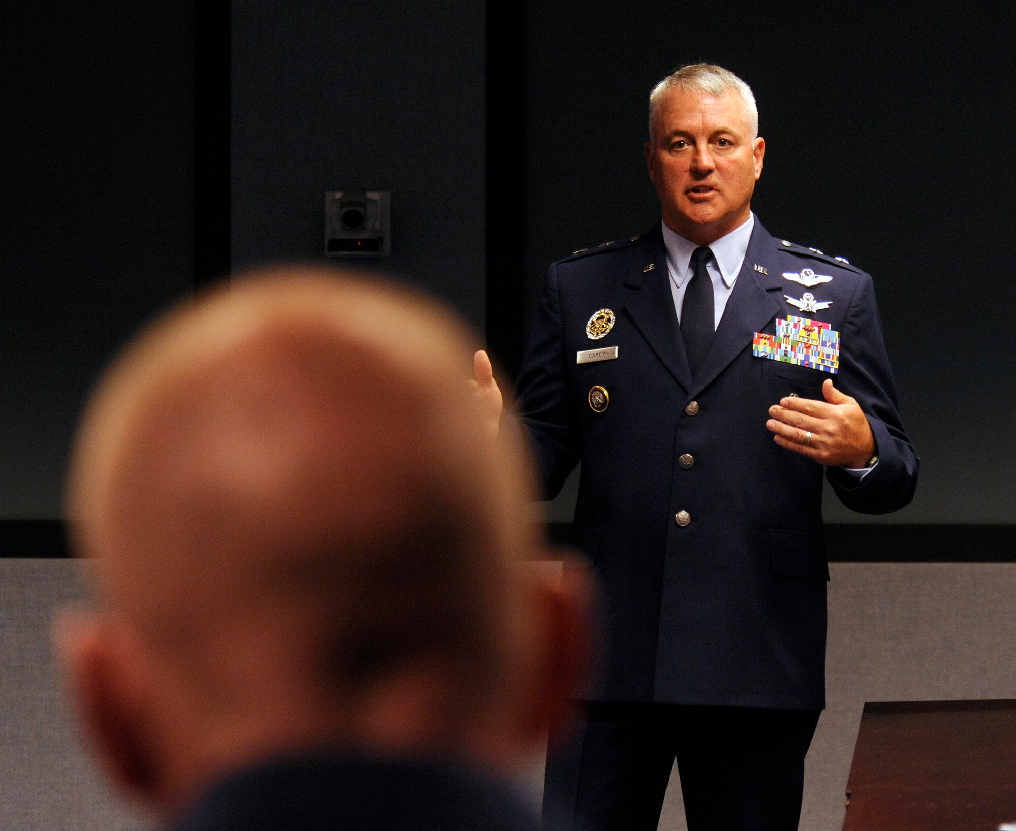 Maj. Gen. Michael Carey, 20th AF commander briefs Air Force leadership Sept.
4 in Washington, D.C., on the mission, the people, the history and the
way-ahead of the Department of Defense's only immediate response nuclear
alert force.  Carey brought a small delegation of 20th AF Airmen from Minot
Air Force Base, N.D., F.E. Warren AFB, Wyo., and Malmstrom AFB, Mont.
(U.S. Air Force photo by Andy Morataya)