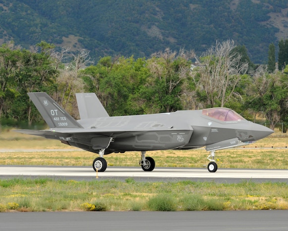 The first F-35A Lightning II Joint Strike Fighter ever to land at Hill Air Force Base, Utah, arrives here the afternoon of Sept. 13. The multirole, fifth-generation fighter arrived from the 422nd Test and Evaluation Squadron, Nellis AFB, Nev., and is scheduled to undergo post-production modifications at the Ogden Air Logistics Complex. Hill, Lockheed Martin and Utah elected officials will gather for a ceremony Sept. 20. The ceremony marks the beginning of depot maintenance of the F-35 at Hill AFB and is not a basing decision. (U.S. Air Force photo by Alex R. Lloyd/Released)