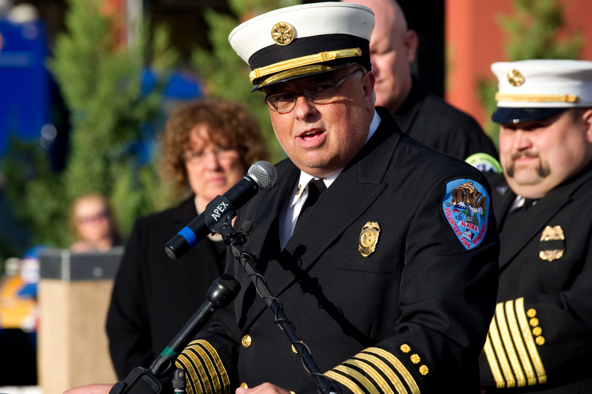 Chief Dave Miller, Sitka Volunteer Fire Department, gives opening remarks during the Alaska Fallen Firefighter Memorial Ceremony and 9/11 Remembrance Sept. 11, at the Alaska Fallen Firefighter Memorial.   (U.S. Air Force photo/Tech. Sgt. Raymond Mills)