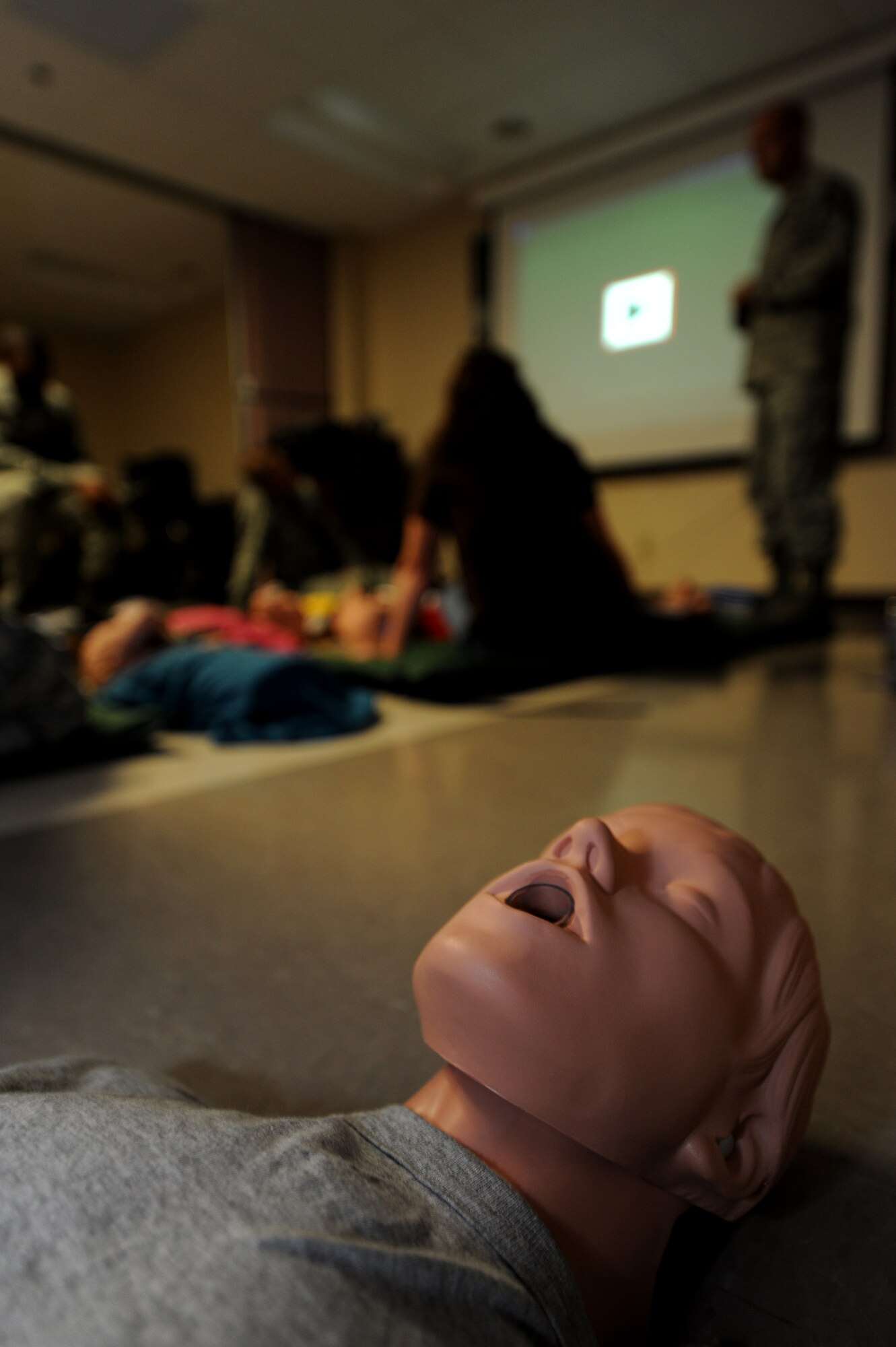 Each year, instructors from the 28th Medical Group education and training office hold more than 20 CPR and AED classes at Ellsworth Air Force Base, S.D., Sept. 11, 2013. The class is designed to teach and re-qualify Airmen with heart and life saving skills in an effort to reduce preventable incidents both on and off base. (U.S. Air Force photo by Airman 1st Class Hrair H. Palyan/Released)