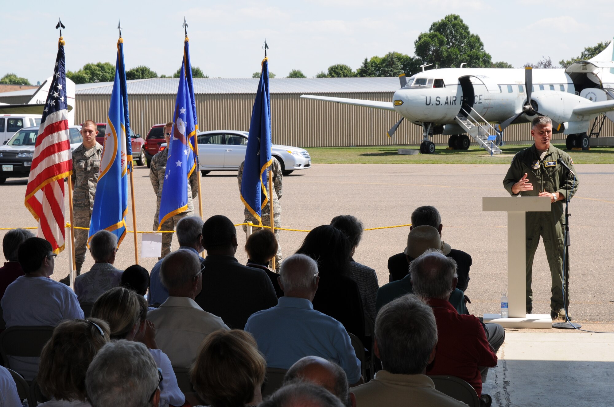 The members of the St. Paul based, Minnesota Air Guard, 109th Aeromedical Evacuation Squadron participated in a founders reunion on Aug 17, 2013. The reunion included an unveiling of a Red Cross on the base’s Convair C‐131 in honor of Col. Maureen A. Hunt, former Strategic Air Command, Chief Nursing Services and her lasting impact on the 109th Aeromedical Evacuation Squadron.