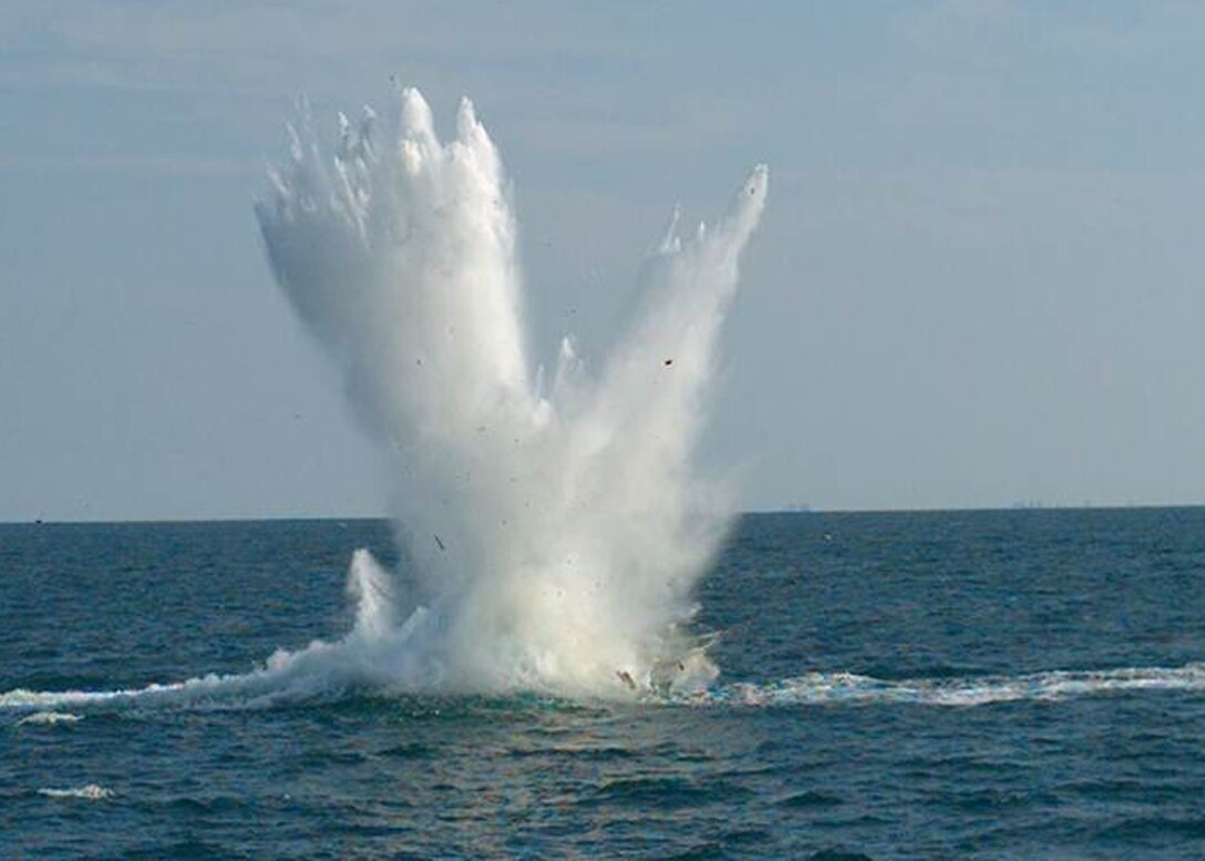 A laser-guided GBU-10 dropped from a fighter aircraft destroys a moving surface target Sept. 4, 2013, at a training range in the Gulf of Mexico. During the evaluations, a Dyess B-1B dropped a total of six munitions to include a laser-guided 500-pound bomb GBU-54, as well as 500 and 2,000-pound joint direct attack munitions. (Courtesy photo/Released)