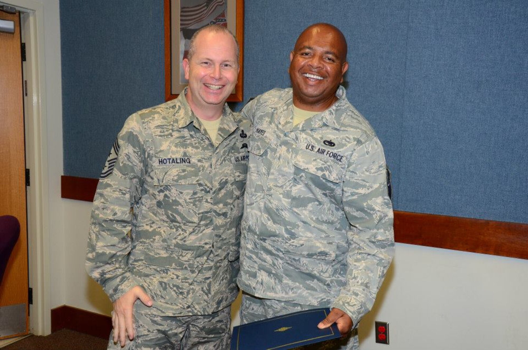 Chief Master Sgt. James Hotaling, Command Chief Master Sergeant of the Air National Guard's (left) trip marked the first time in more than a decade that an individual in this position had visited Mississippi Guard units.