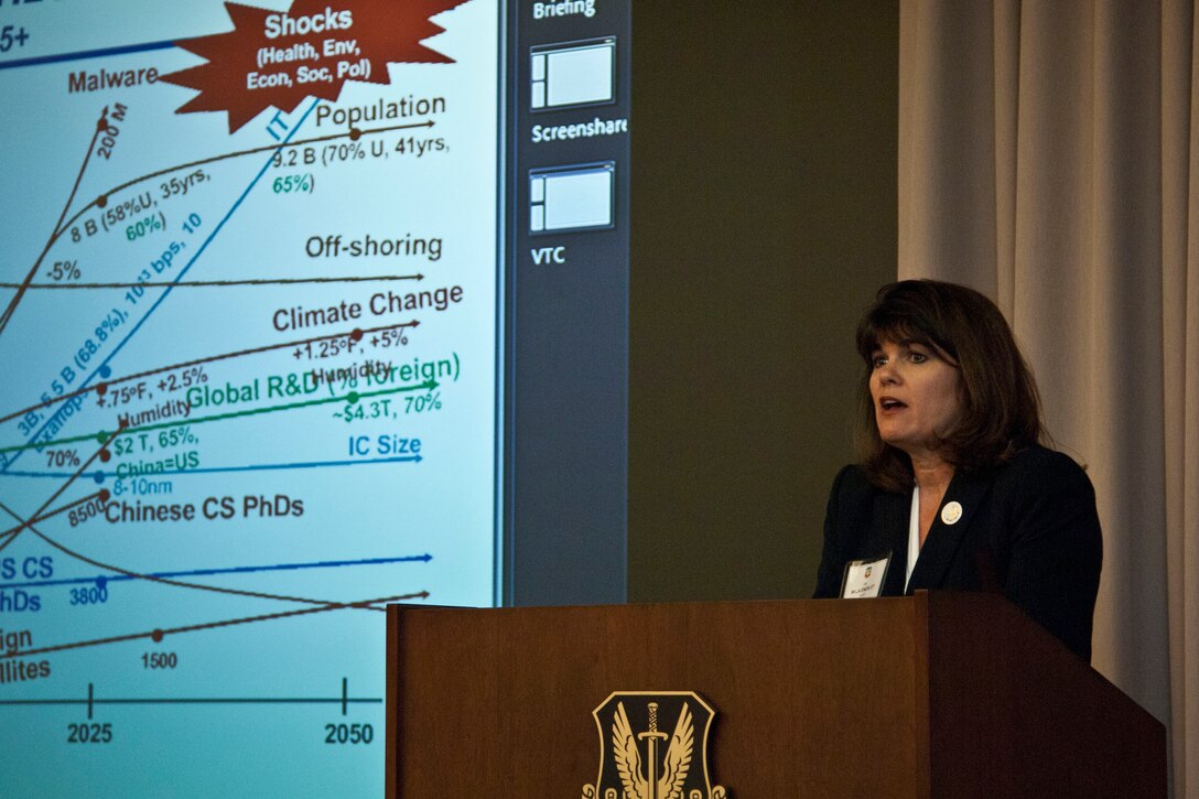 Dr. Mica Endsley, U.S. Air Force chief scientist, speaks during the Air Combat Command Air Superiority Innovation Summit at Langley Air Force Base, Va., Sept. 12, 2013. Endsley discussed environmental challenges the Air Force may face during the next 17 years. (U.S. Air Force photo by Staff Sgt. Stephanie Rubi/Released)