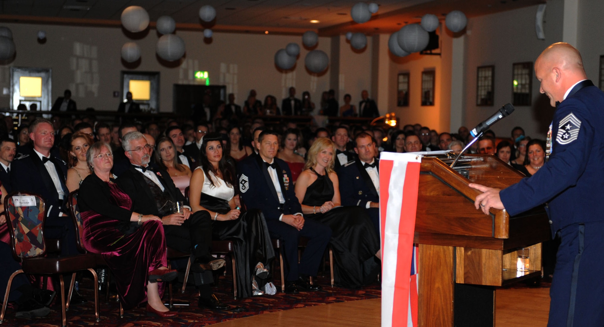U.S. Air Force Chief Master Sgt. William Markham, 352nd Special Operations Group command chief, speaks to Team Mildenhall members Sept. 14, 2013, during the Air Force Ball on RAF Mildenhall, England.  The Official U.S. Air Force birthday is Sept. 18, marking the 66th annual celebration of the U.S. Air Force becoming its own separate branch of the U.S. military. (U.S. Air Force photo by Airman 1st Class Preston Webb/Released)