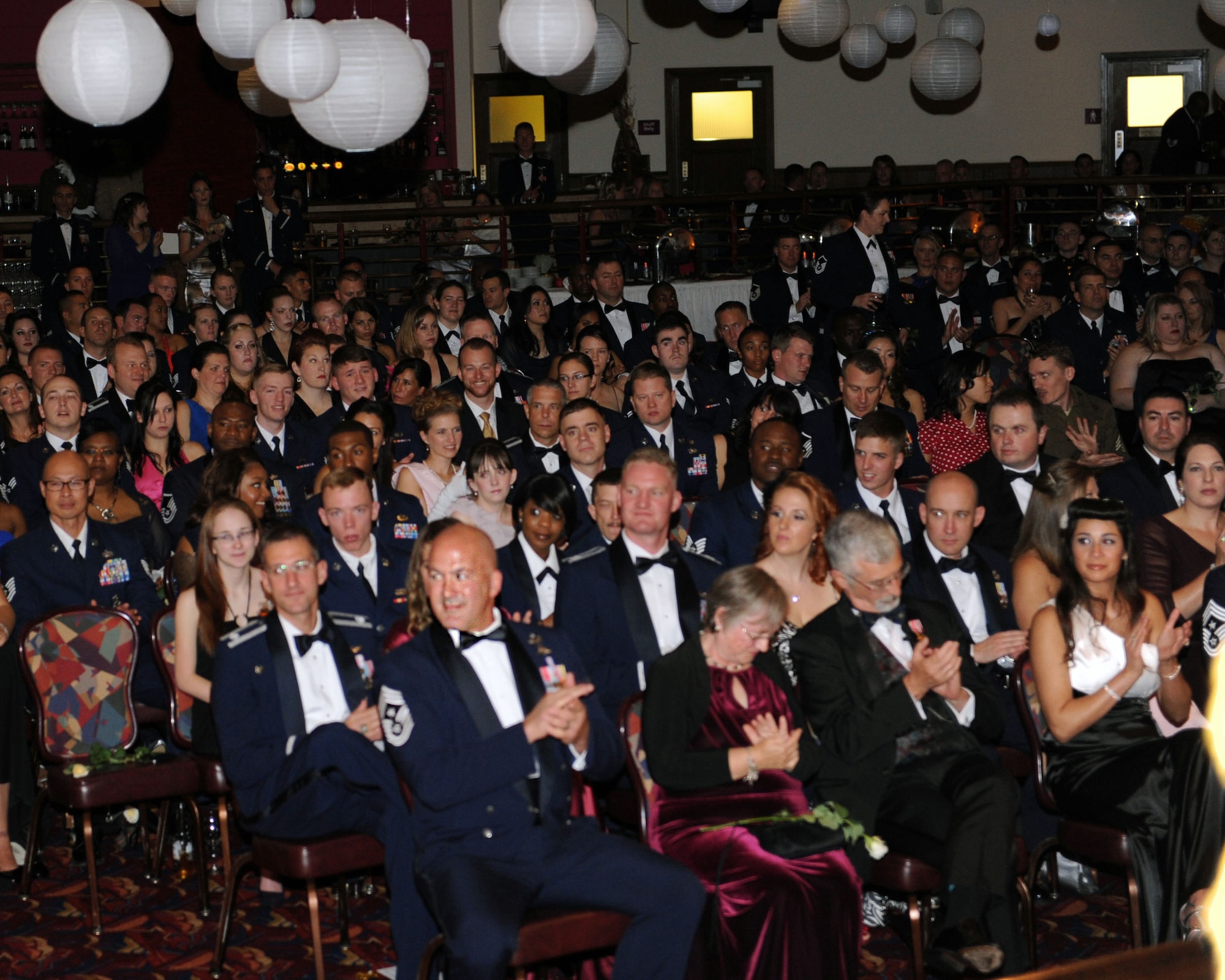 Team Mildenhall members gather to celebrate the U.S. Air Force's birthday Sept. 14, 2013, during the Air Force Ball on RAF Mildenhall, England.  The official birthday is Sept. 18, marking the 66th annual celebration of the U.S. Air Force becoming its own separate branch of the U.S. military. (U.S. Air Force photo by Airman 1st Class Preston Webb/Released)