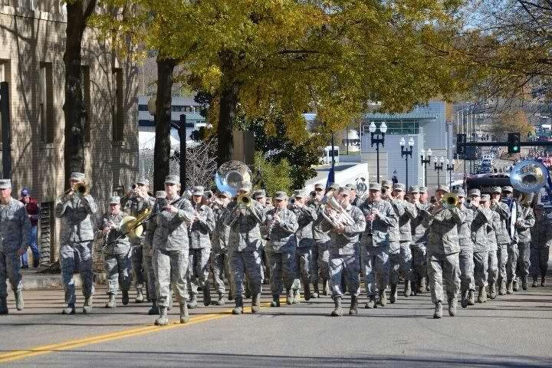 The Air National Guard Band of the Smoky Mountains Marching Band marches in Knoxville's Veterans Day Parade on November 11, 2012