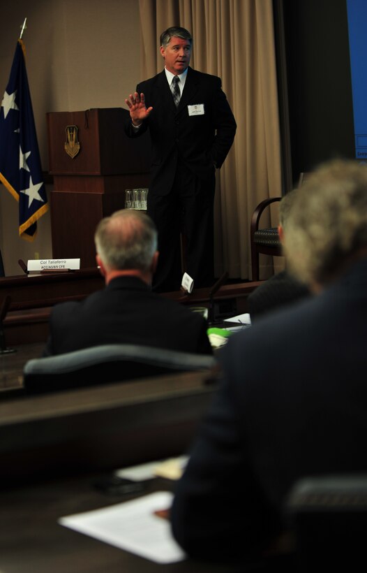 Dr. John Wilcox, Air Force Research Laboratory Munitions Directorate director, discusses future strategies during the Air Combat Command Air Superiority Innovation Summit at Langley Air Force Base, Va., Sept. 12, 2013. During the summit, attendees reviewed upcoming airpower initiatives concerning the U.S. Air Force. (U.S. Air Force photo by Staff Sgt. Jarad A. Denton/Released)