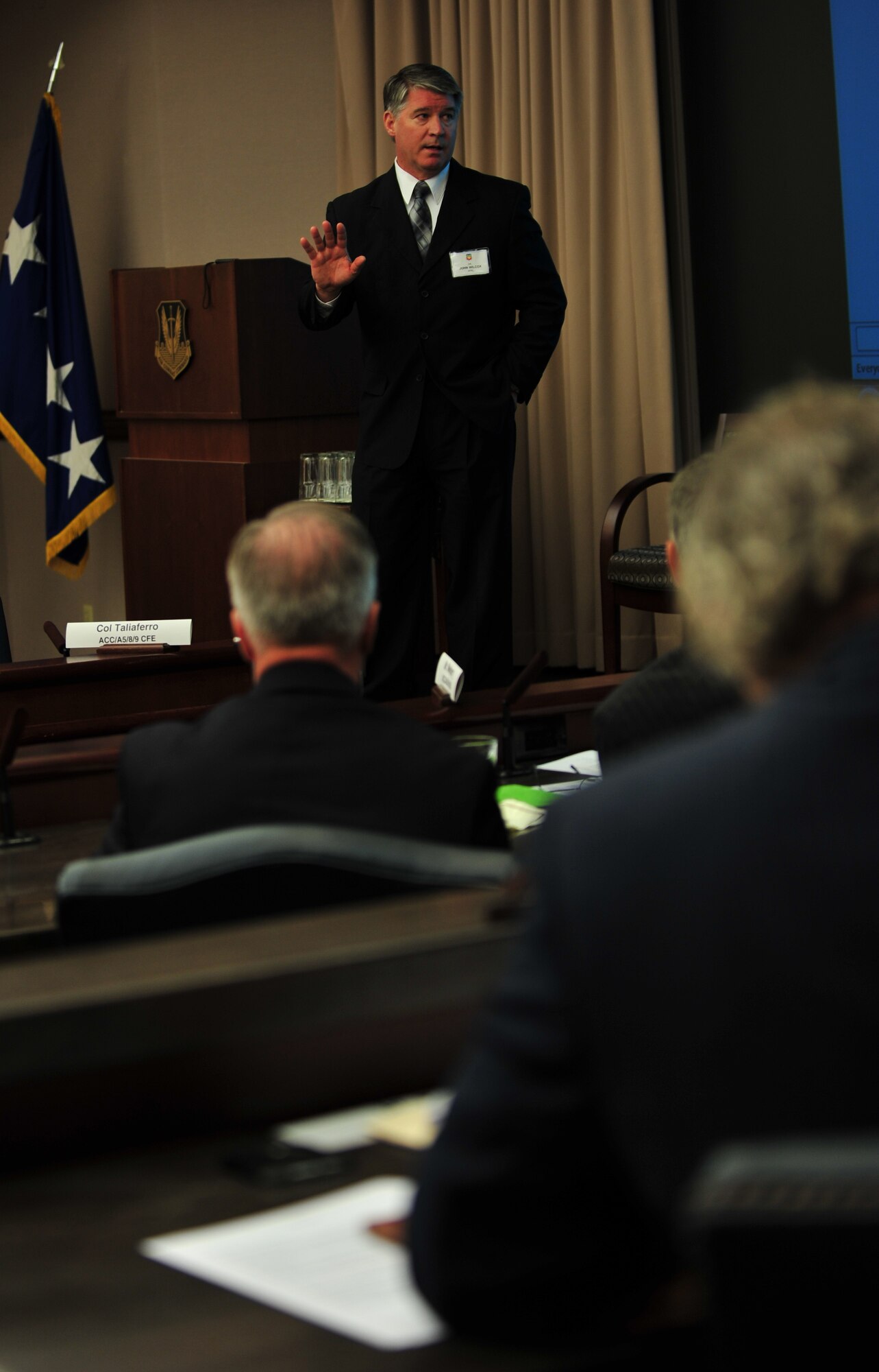 Dr. John Wilcox, Air Force Research Laboratory Munitions Directorate director, discusses future strategies during the Air Combat Command Air Superiority Innovation Summit at Langley Air Force Base, Va., Sept. 12, 2013. During the summit, attendees reviewed upcoming airpower initiatives concerning the U.S. Air Force. (U.S. Air Force photo by Staff Sgt. Jarad A. Denton/Released)