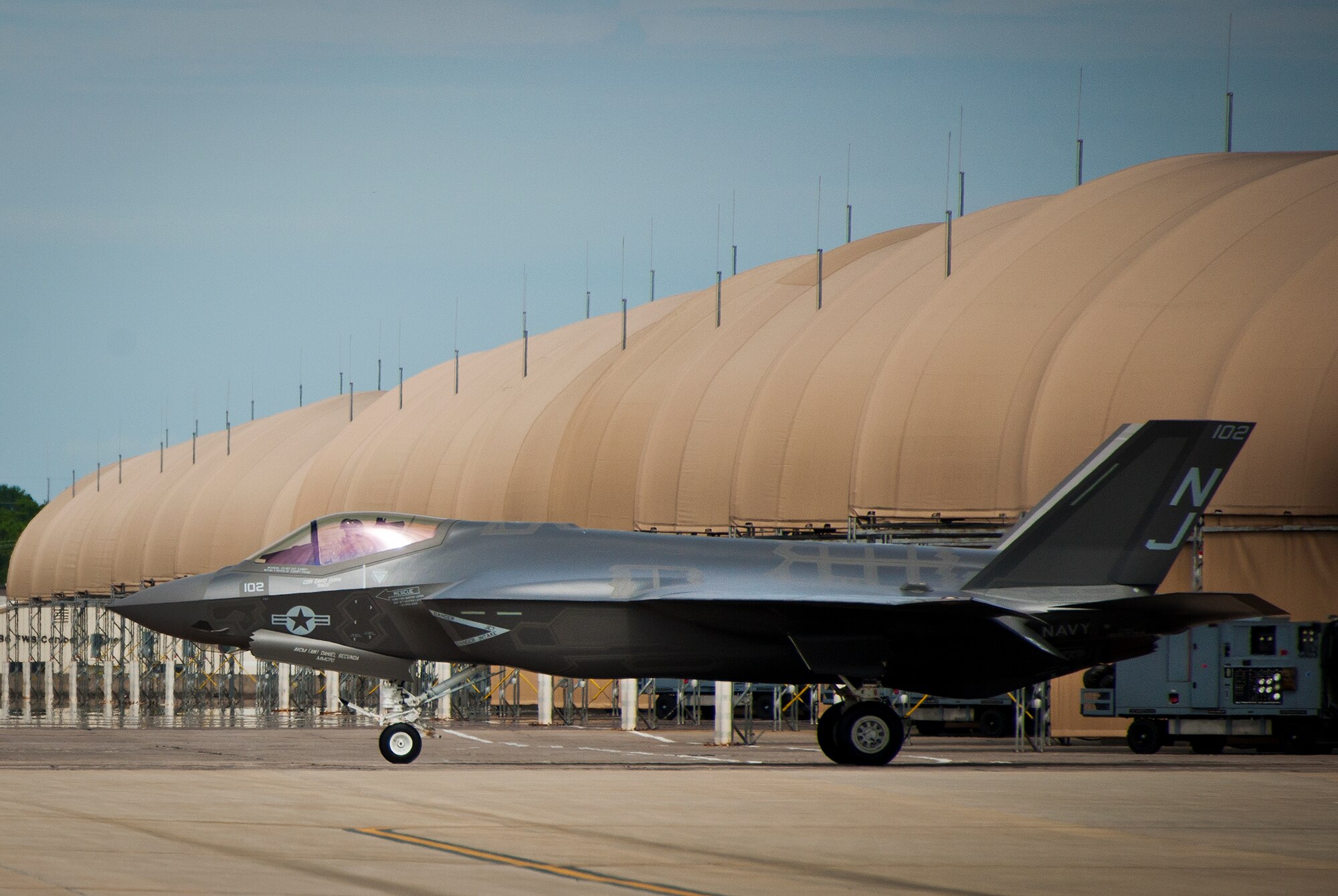 A Navy F-35C Lightning II taxies back in to Eglin Air Force Base after a local sortie.  There are only two F-35Cs located at the Navy’s  Strike Fighter Squadron-101 here. (U.S. Air Force photo/Samuel King Jr.)
