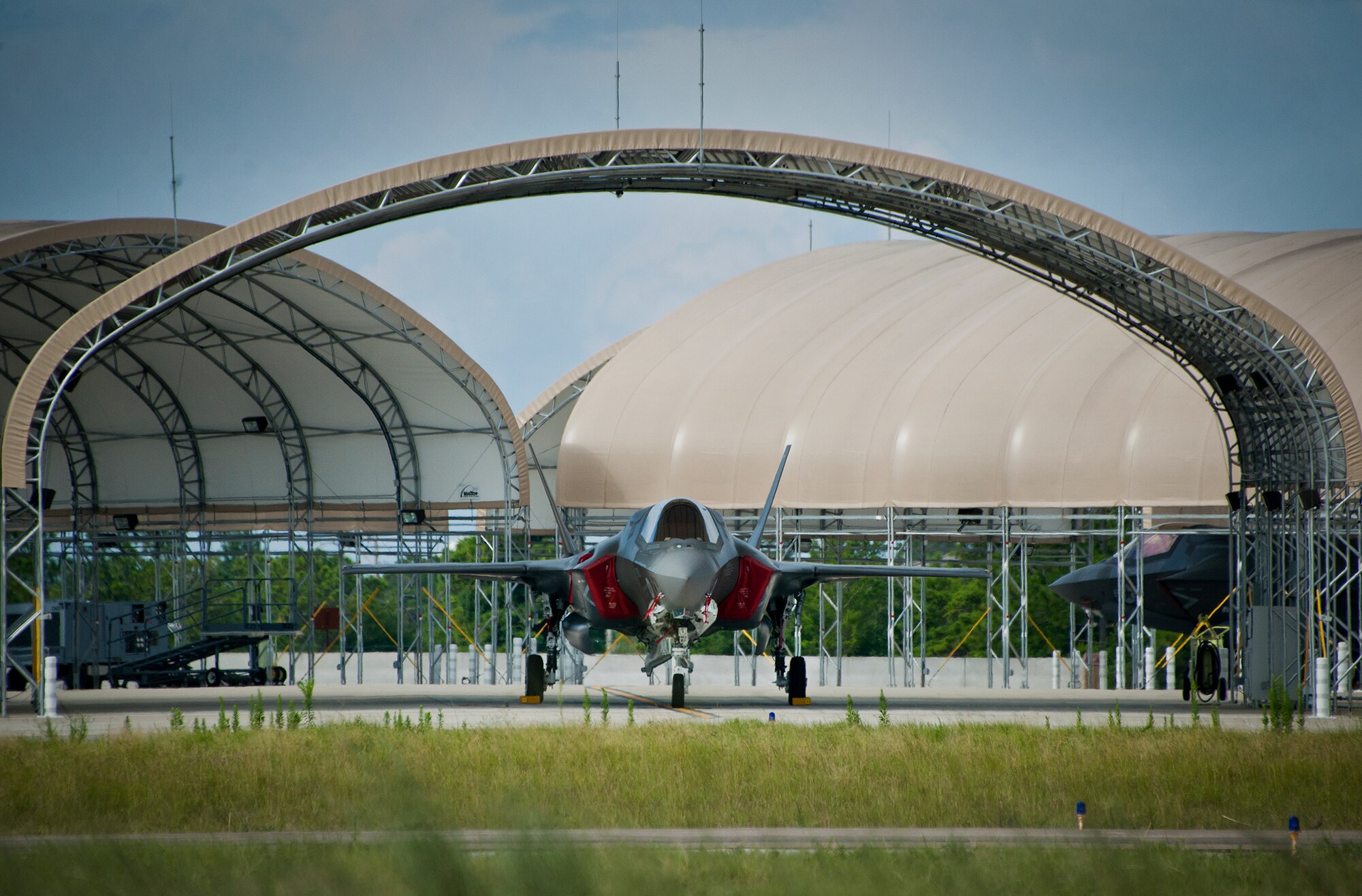 A Marine F-35B Lightning II waits for its next sortie at the Eglin Air Force Base, Fla.  There are 14 F-35Bs stationed here. (U.S. Air Force photo/Samuel King Jr.)