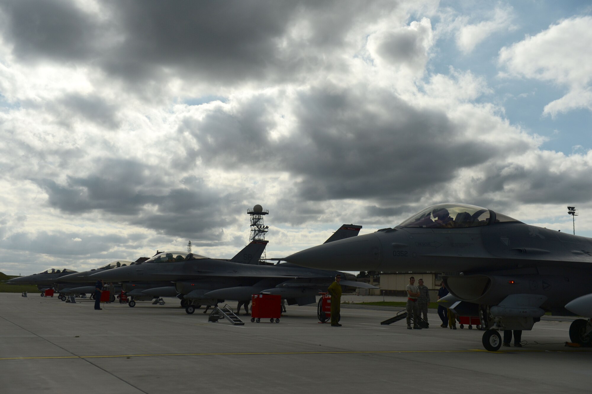 SPANGDAHLEM AIR BASE, Germany – A group of F-16 Fighting Falcon fighter aircraft sit on the flightline during a deployment homecoming Sept. 15, 2013. The 480th FS Airmen and aircraft deployed in support of Operation Enduring Freedom. (U.S. Air Force photo by Airman 1st Class Gustavo Castillo/Released)