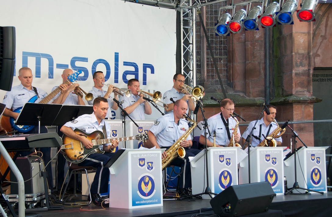 The Ambassadors perform in front of the Collegiate Church in Kaiserslautern for "Swinging Lautern."  The group performs at this jazz festival annually.  