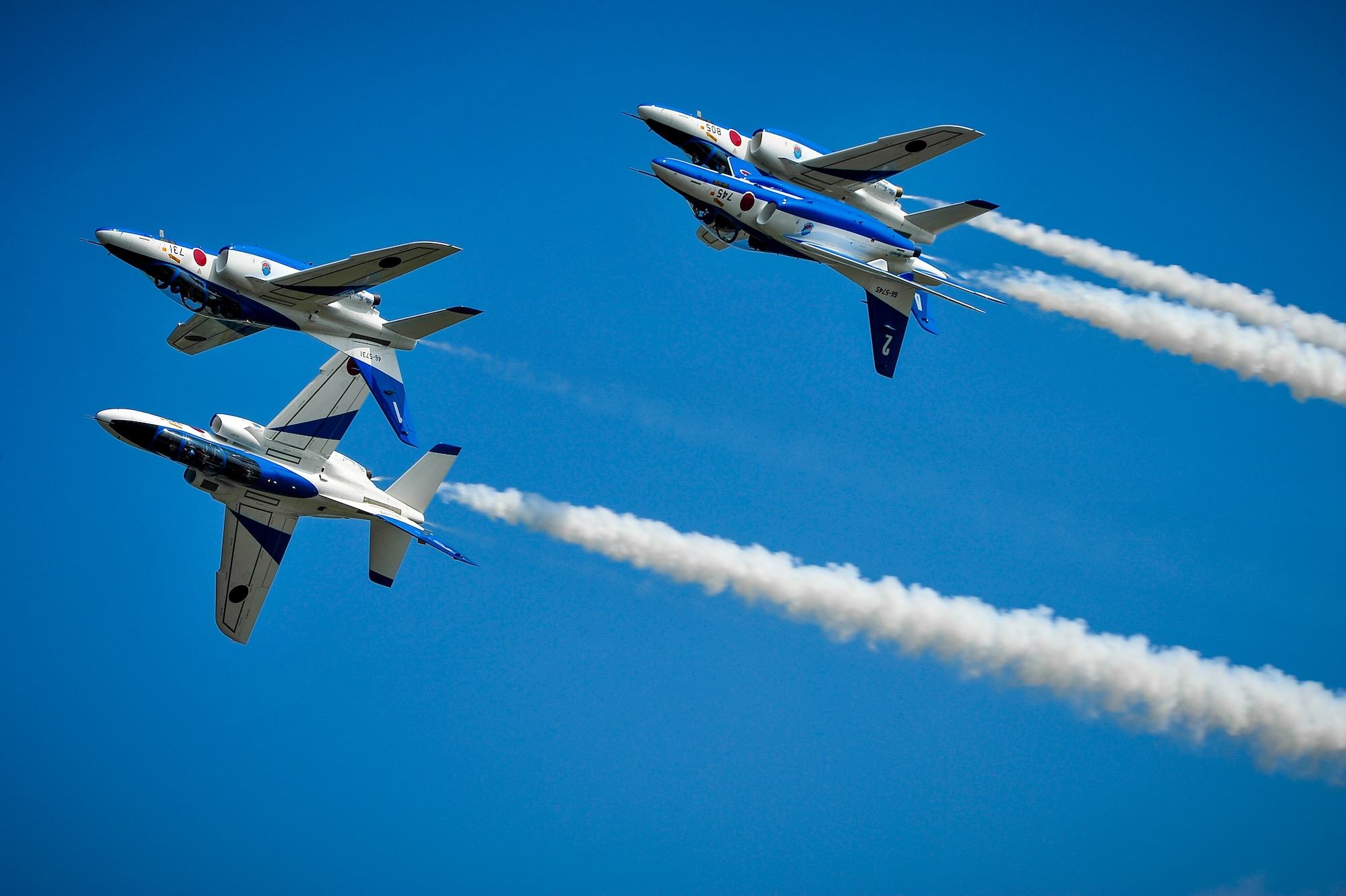 The Japan Air Self-Defense Force's demonstration team, Blue Impulse, performs a four-ship formation flyby over Misawa Air Base, Japan, Sept. 14, 2013. More than 80,000 people visited Misawa AB to enjoy the 2013 air festival, which featured aircraft from the U.S. Air Force and JASDF. (U.S. Air Force photo by Staff Sgt. Nathan Lipscomb)