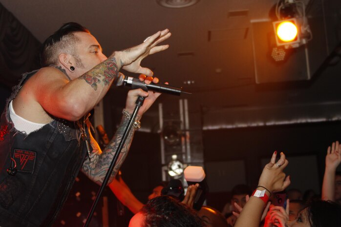 A. Jay Popoff, lead singer from Lit, interacts with audience members during a performance in the Club Iwakuni ballroom aboard Marine Corps Air Station Iwakuni, Japan, Sept. 7, 2013. Lit recently released their fifth record album, "The View From The Bottom."