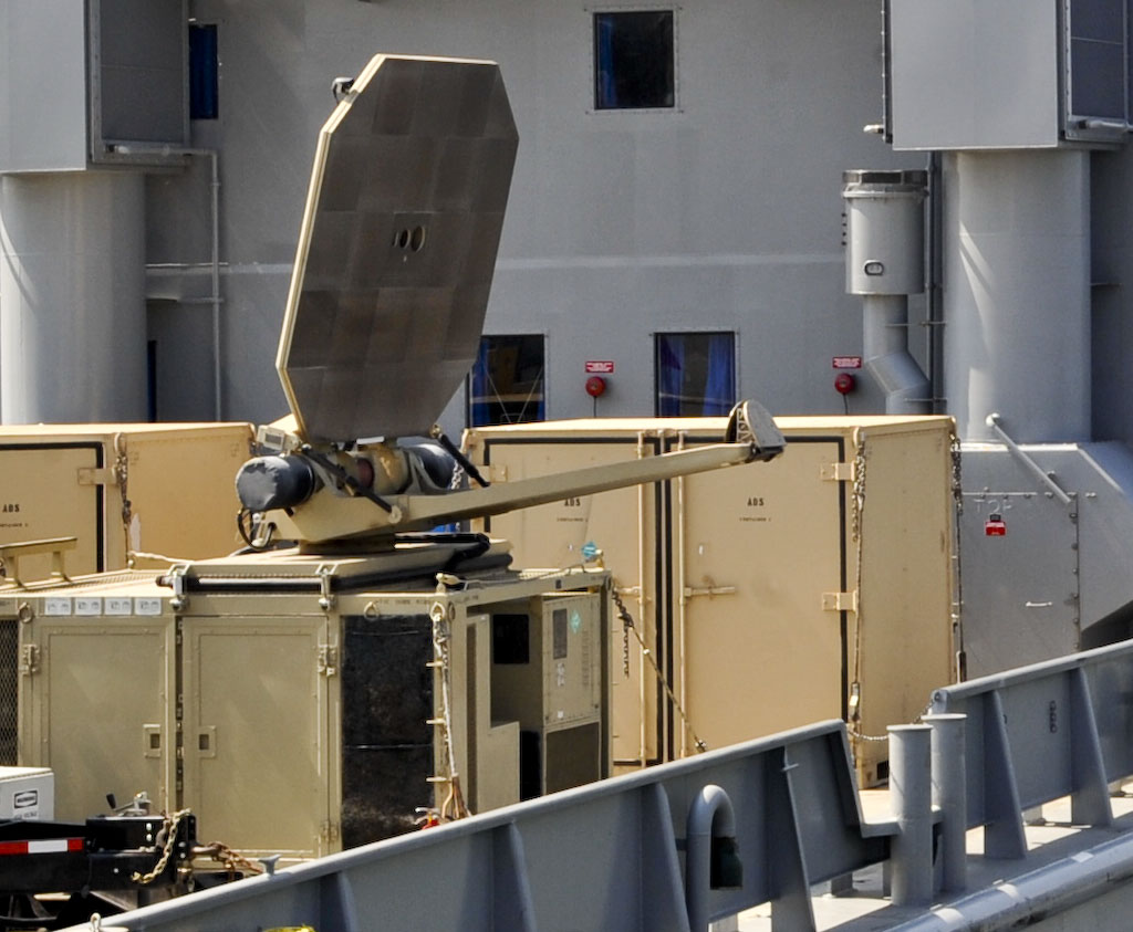The Active Denial System sits on a vessel at 3rd Port at Fort Eustis, Va., after being used in a demonstration, Sept. 12, 2013. This is the first time the ADS system has ever been used in a maritime environment. (U.S. Air Force photo by Staff Sgt. Wesley Farnsworth/Released)