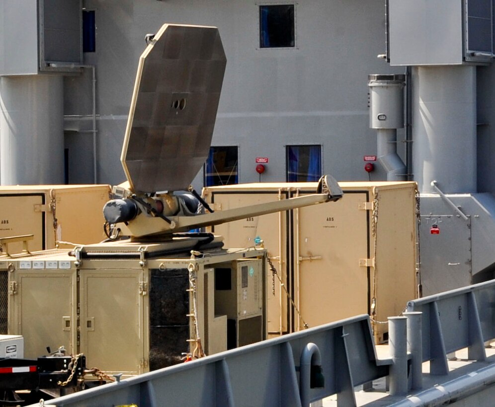 The Active Denial System sits on a vessel at 3rd Port at Fort Eustis, Va., after being used in a demonstration, Sept. 12, 2013. This is the first time the ADS system has ever been used in a maritime environment. (U.S. Air Force photo by Staff Sgt. Wesley Farnsworth/Released)