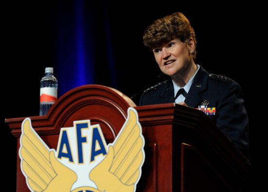 Gen. Janet C. Wolfenbarger speaks about sustaining the force at the 2013 Air Force Association’s 2013 Air & Space Conference and Technology Exposition Sept. 16, 2013, in Washington, D.C. The 2013 Air & Space Conference is a professional development conference sponsored and conducted by AFA in support of the total Air Force. Wolfenbarger is the commander of Air Force Materiel Command at Wright-Patterson Air Force Base, Ohio. (U.S Air Force photo/Airman 1st Class Nesha Humes)