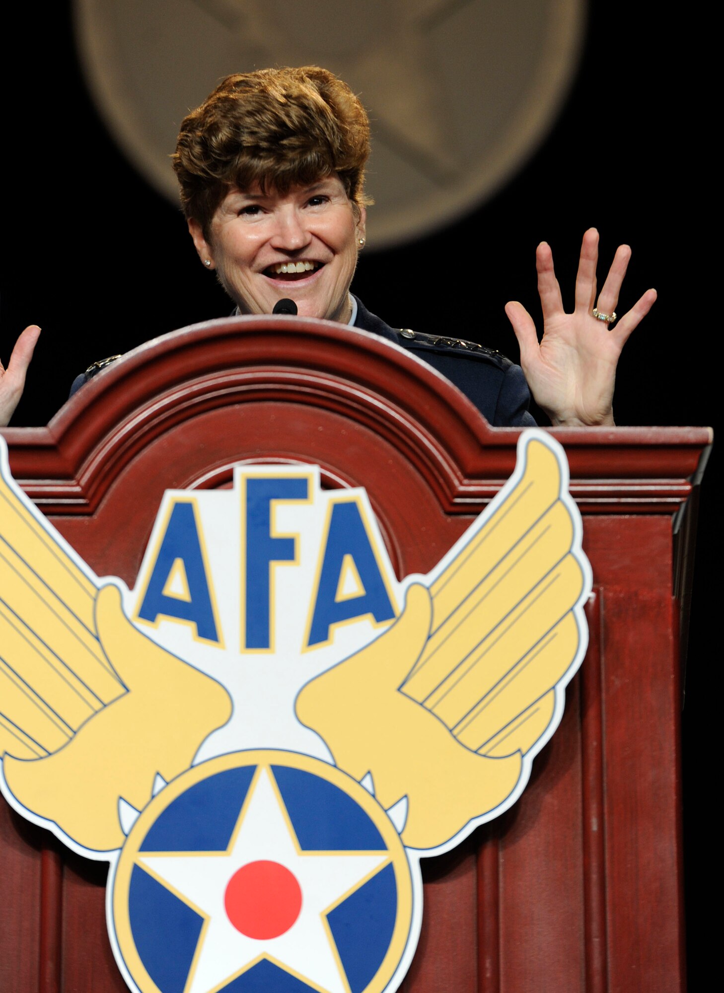 Gen. Janet C. Wolfenbarger answers audience’s questions after her “Sustaining the Air Force” speech at the Air Force Association’s 2013 Air & Space Conference and Technology Exposition Sept. 16, 2013, in Washington, D.C.  Wolfenbarger shared her insight on her command’s contributions to sustaining the force in a presentation to conference attendees. Wolfenbarger is the commander of Air Force Materiel Command at Wright-Patterson Air Force Base, Ohio. (U.S Air Force photo/Airman 1st Class Nesha Humes)