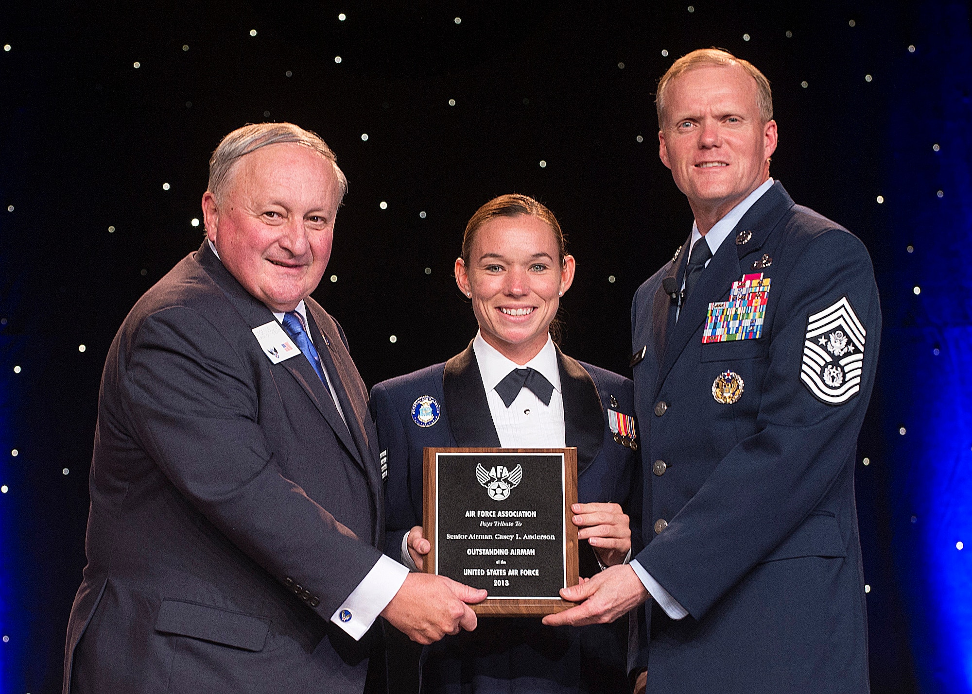 Staff Sgt. Casey Anderson was recognized as one of the 12 Outstanding Airmen of the Year at a reception and awards dinner hosted by the Air Force Association during the AFA's annual Air & Space Conference and Technology Exposition Sept. 16, 2013, in Washington, D.C.  The OAY award recognizes the top 12 outstanding enlisted Airmen for superior leadership, job performance, community involvement and personal achievements. Anderson is a mental health technician with the 59th Mental Health Squadron at Joint Base San Antonio-Lackland, Texas. (U.S. Air Force photo/Jim Varhegyi)