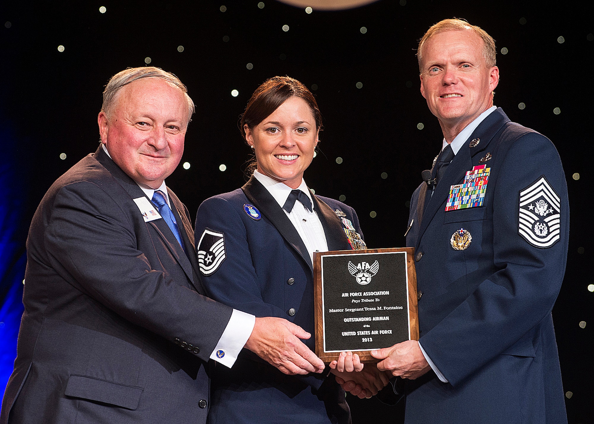 Master Sgt. Tessa Fontaine was recognized as one of the 12 Outstanding Airmen of the Year at a reception and awards dinner hosted by the Air Force Association during the AFA's annual Air & Space Conference and Technology Exposition Sept. 16, 2013, in Washington, D.C. The OAY award recognizes the top 12 outstanding enlisted Airmen for superior leadership, job performance, community involvement and personal achievements. Fontaine is a counterintelligence and cyber counterintelligence superintendent with the National Reconnaissance Office in Chantilly, Va. (U.S. Air Force photo/Jim Varhegyi)