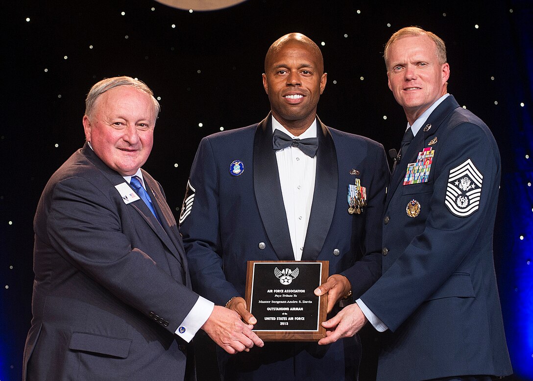 Master Sgt. Andre Davis was recognized as one of the 12 Outstanding Airmen of the Year at a reception and awards dinner hosted by the Air Force Association during the AFA's annual Air & Space Conference and Technology Exposition Sept. 16, 2013, in Washington, D.C. The OAY award recognizes the top 12 outstanding enlisted Airmen for superior leadership, job performance, community involvement and personal achievements. Davis is a unit education training manager with the 203rd Red Horse Squadron at Camp Pendleton, Va. (U.S. Air Force photo/Jim Varhegyi)