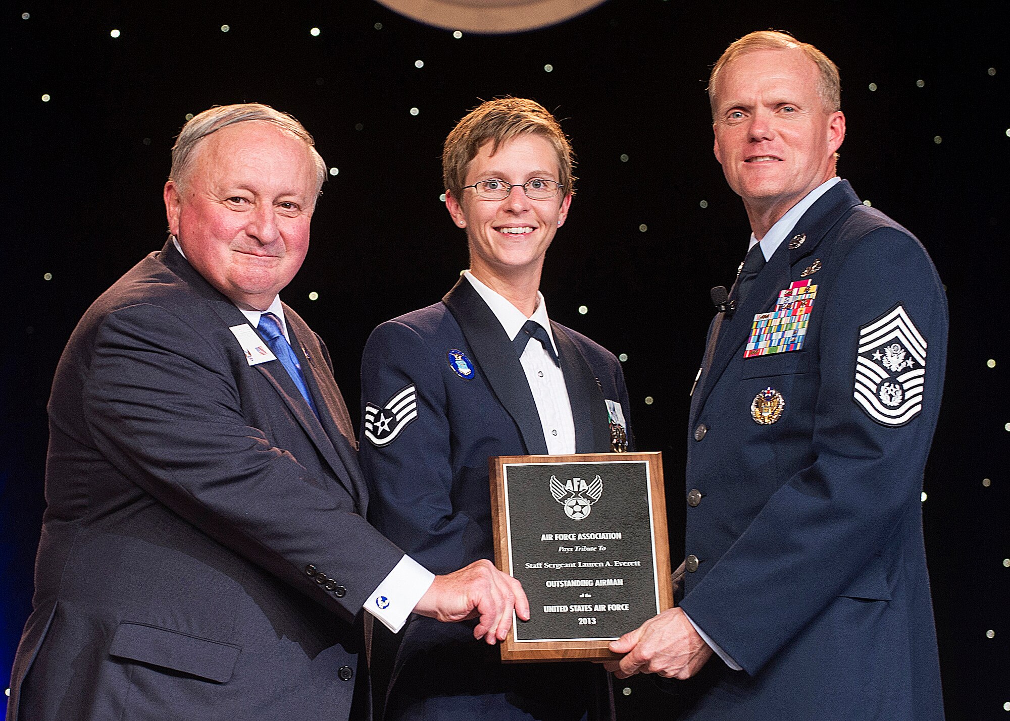 Staff Sgt. Lauren Everett was recognized as one of the 12 Outstanding Airmen of the Year at a reception and awards dinner hosted by the Air Force Association during the AFA's annual Air & Space Conference and Technology Exposition Sept. 16, 2013, in Washington, D.C. The OAY award recognizes the top 12 outstanding enlisted Airmen for superior leadership, job performance, community involvement and personal achievements. Everett is an aerospace medical service journeyman with the 48th Inpatient Squadron at RAF Lakenheath, England. (U.S. Air Force photo/Jim Varhegyi)