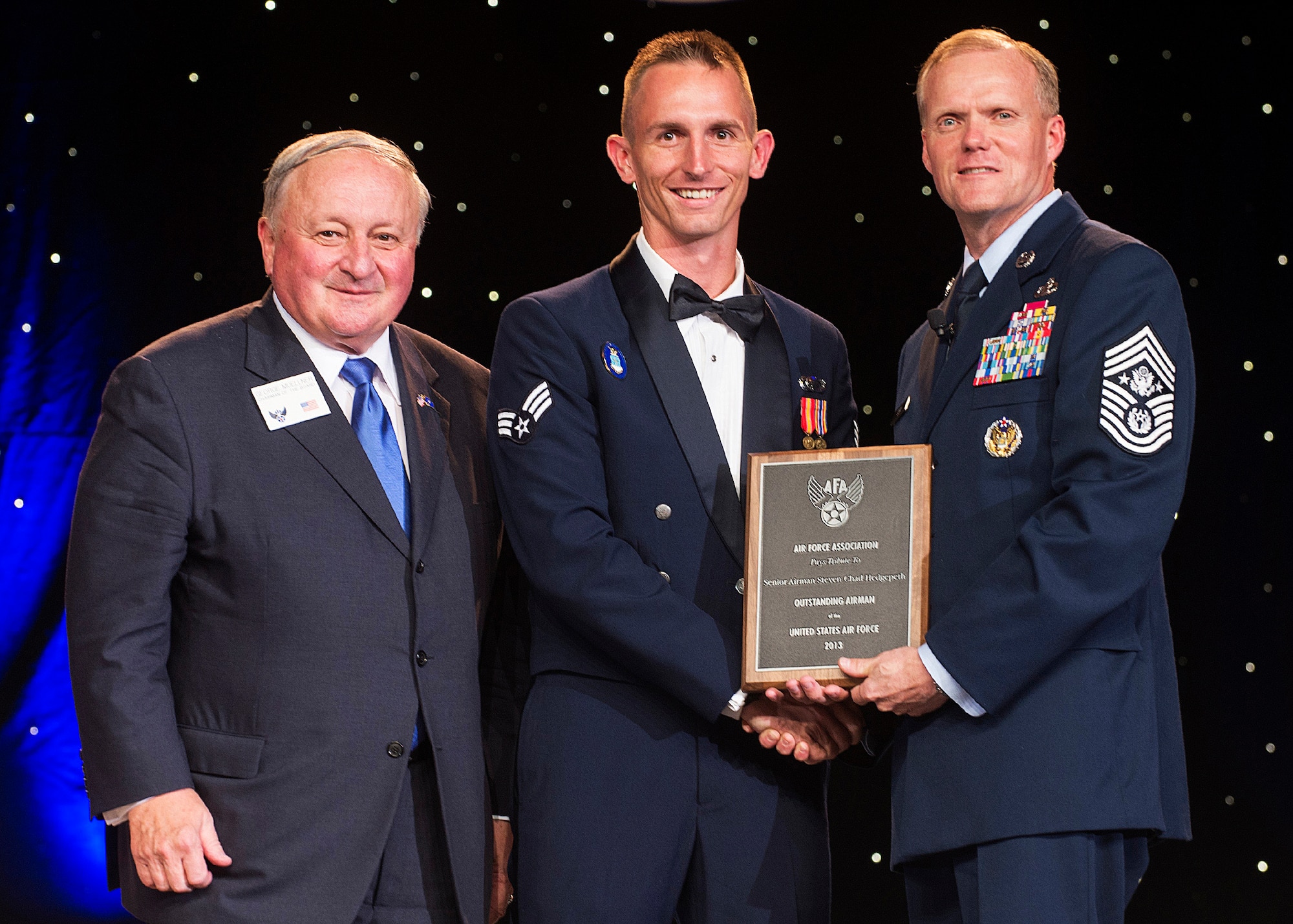 Senior Airman Steven Hedgepeth was recognized as one of the 12 Outstanding Airmen of a Year at a reception and awards dinner hosted by the Air Force Association during the AFA's annual Air & Space Conference and Technology Exposition Sept. 16, 2013, in Washington, D.C. The OAY award recognizes the top 12 outstanding enlisted Airmen for superior leadership, job performance, community involvement and personal achievements. Hedgepath is a contracting specialist with the 772nd Enterprise Sourcing Squadron at Joint Base San Antonio-Lackland, Texas.  (U.S. Air Force photo/Jim Varhegyi)