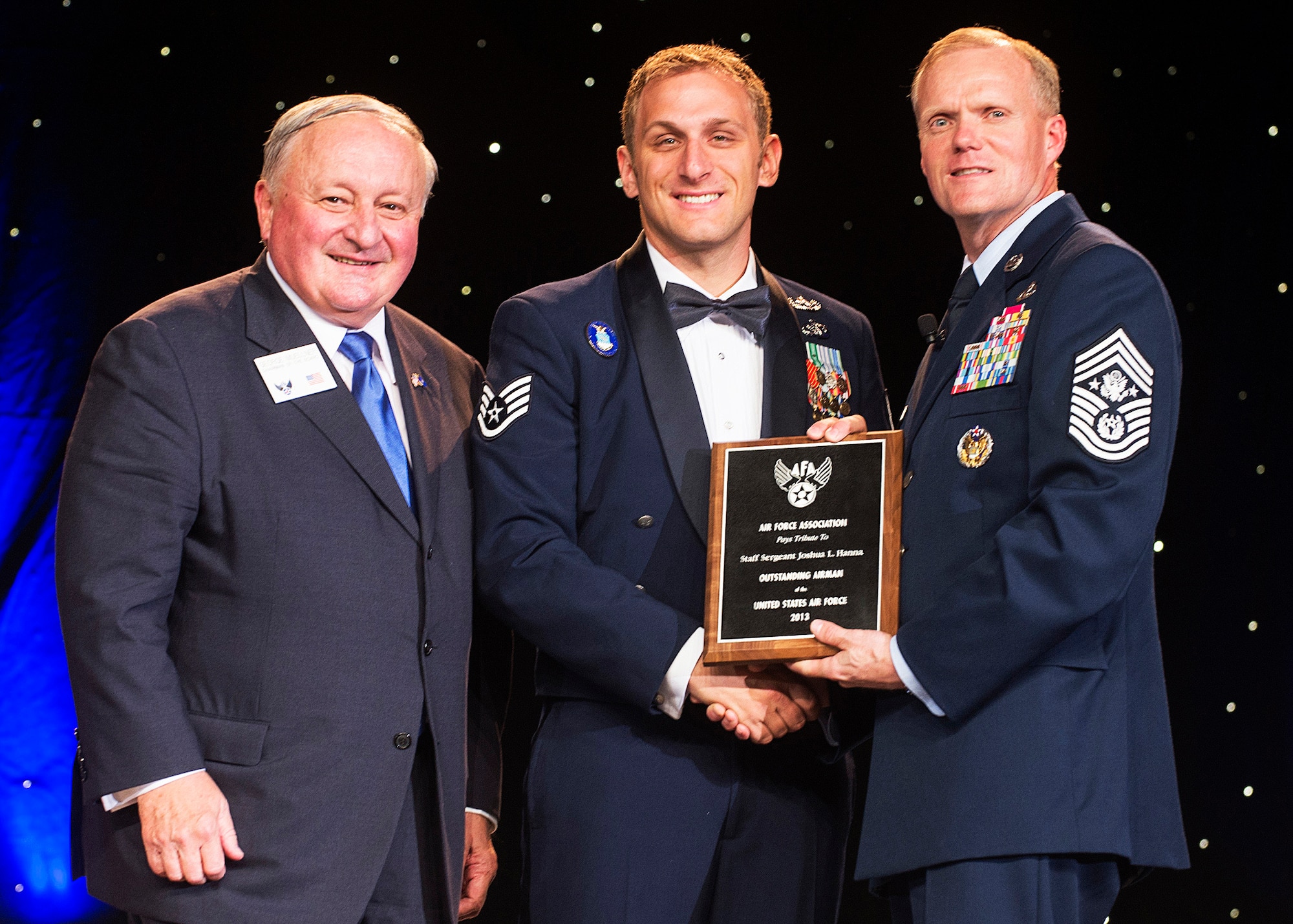 Staff Sgt. Joshua Hanna was recognized as one of the 12 Outstanding Airmen of the Year at a reception and awards dinner hosted by the Air Force Association during the AFA's annual Air & Space Conference and Technology Exposition Sept. 16, 2013, in Washington, D.C. The OAY award recognizes the top 12 outstanding enlisted Airmen for superior leadership, job performance, community involvement and personal achievements. Hanna is an explosive ordnance disposal journeyman with the 36th Civil Engineer Squadron at Andersen Air Force Base, Guam. (U.S. Air Force photo/Jim Varhegyi)
