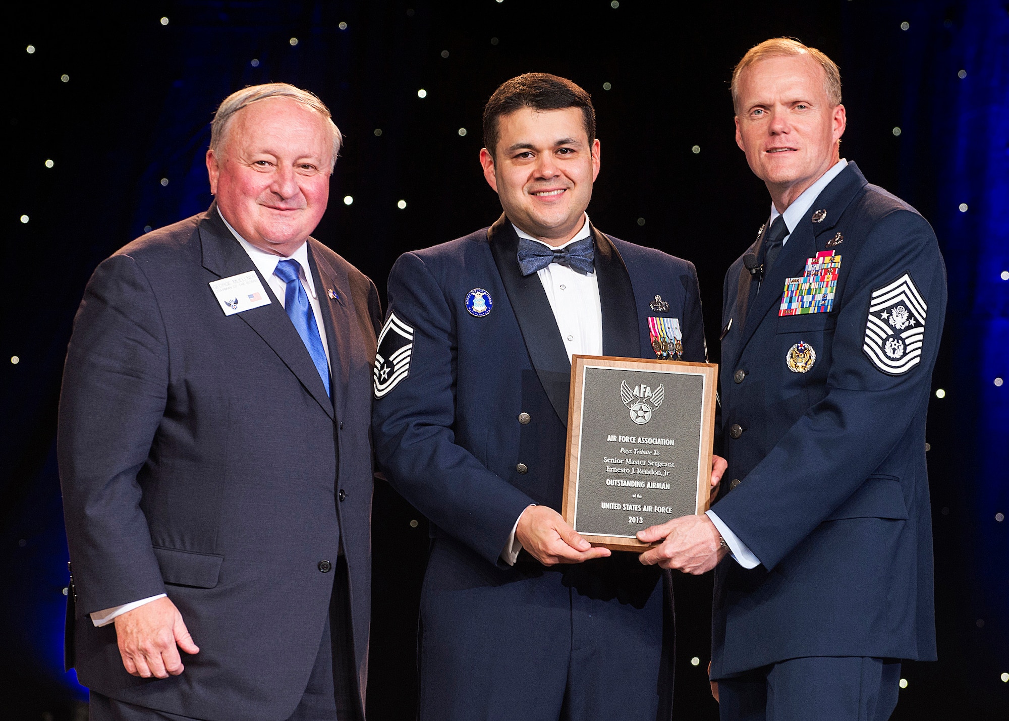 Senior Master Sgt. Ernesto Rendon Jr. was recognized as one of the 12 Outstanding Airmen of a Year at a reception and awards dinner hosted by the Air Force Association during the AFA's annual Air & Space Conference and Technology Exposition Sept. 16, 2013, in Washington, D.C. The OAY award recognizes the top 12 outstanding enlisted Airmen for superior leadership, job performance, community involvement and personal achievements. Rendon is an air freight superintendent with the 62nd Aerial Port Squadron at Joint Base Lewis-McChord, Wash. (U.S. Air Force photo/Jim Varhegyi)