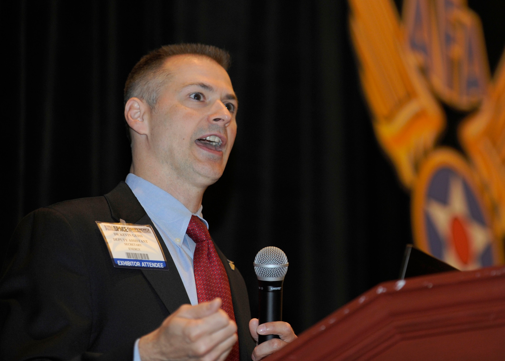 Dr. Kevin Geiss discusses energy considerations at the Air Force Association’s 2013 Air & Space Conference and Technology Exposition, Sept. 19, 2013, in Washington, D.C. Geiss highlighted the force’s strategic energy plan which involved improving resiliency, reducing demand, assuring supply and fostering an energy award culture. Geiss is the deputy assistant secretary of the Air Force for Energy. (U.S Air Force Photo/Airman 1st Class Nesha Humes)