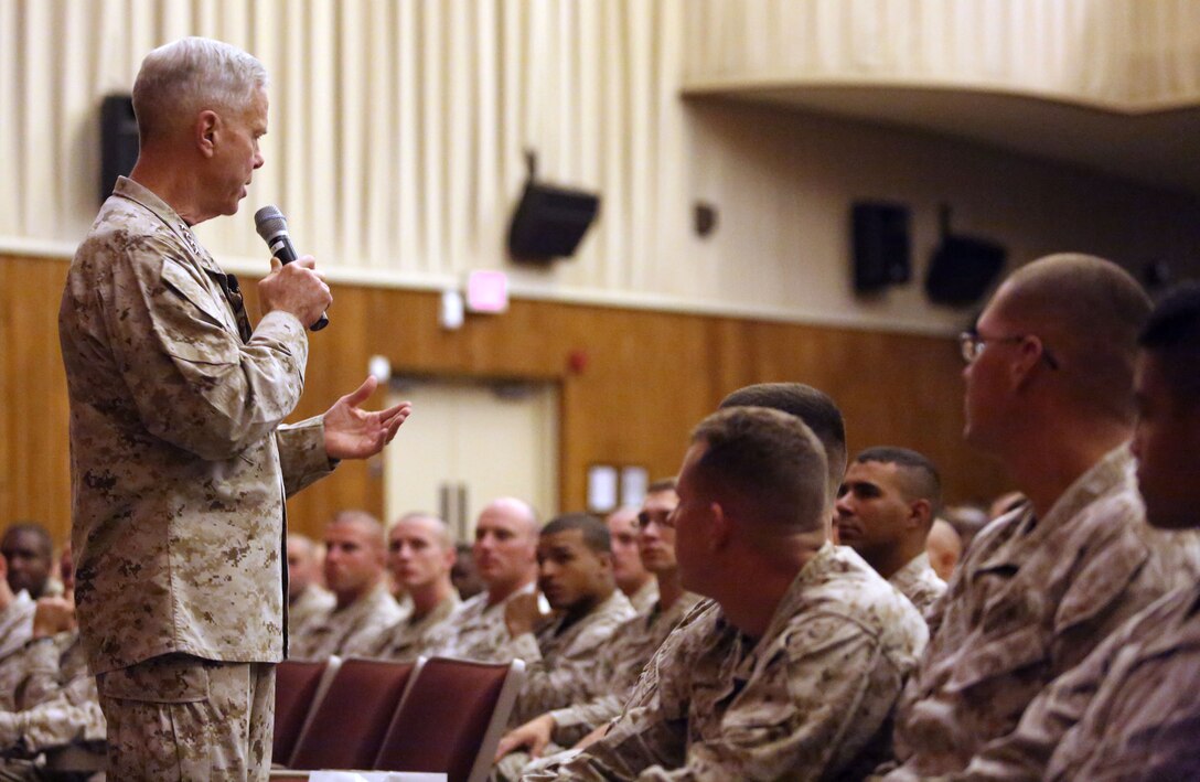General James Amos, commandant of the Marine Corps, visits Marine Corps Base Camp Lejeune, Sept. 17, 2013, to speak with non-commissioned officers in the 2nd Marine Division about small unit leadership. Amos and Sgt. Maj. Micheal Barrett, sergeant major of the Marine Corps, spoke to the NCOs to motivate them to lead their Marines in garrison like they would in a deployed environment.
