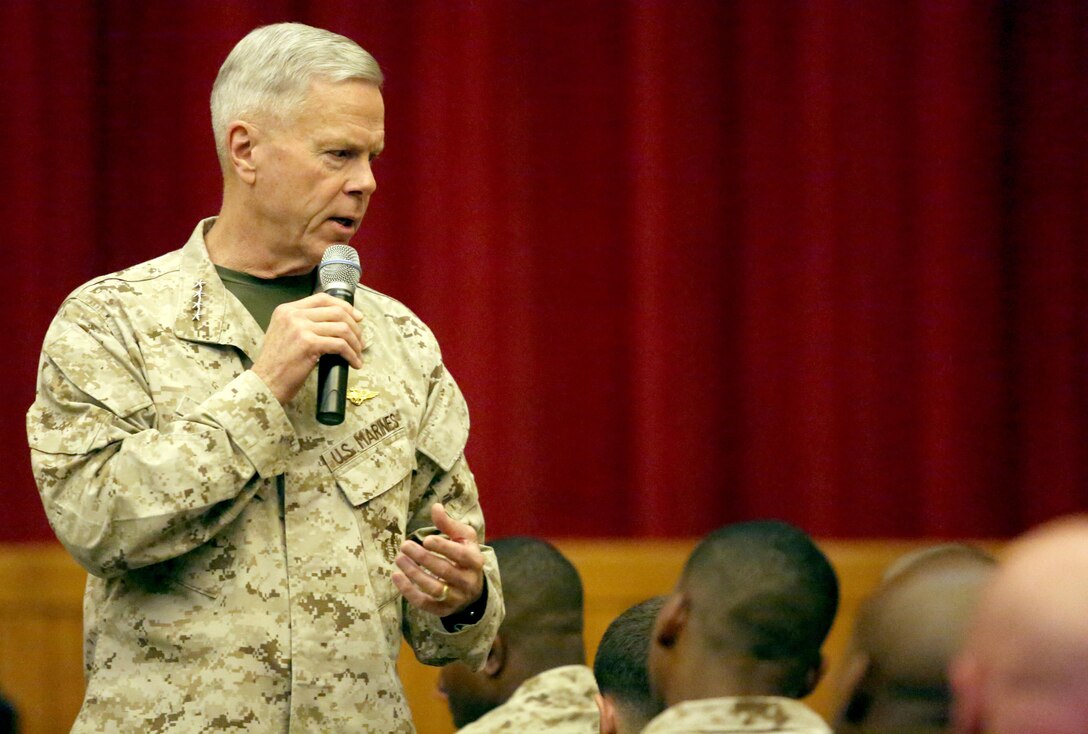 General James Amos, commandant of the Marine Corps, speaks with non-commissioned officers in 2nd Marine Division, Sept. 17, 2013, aboard Marine Corps Base Camp Lejeune. His talk included thoughts on the budget cuts the Marine Corps is facing and how he plans to adapt to having less spending money. 