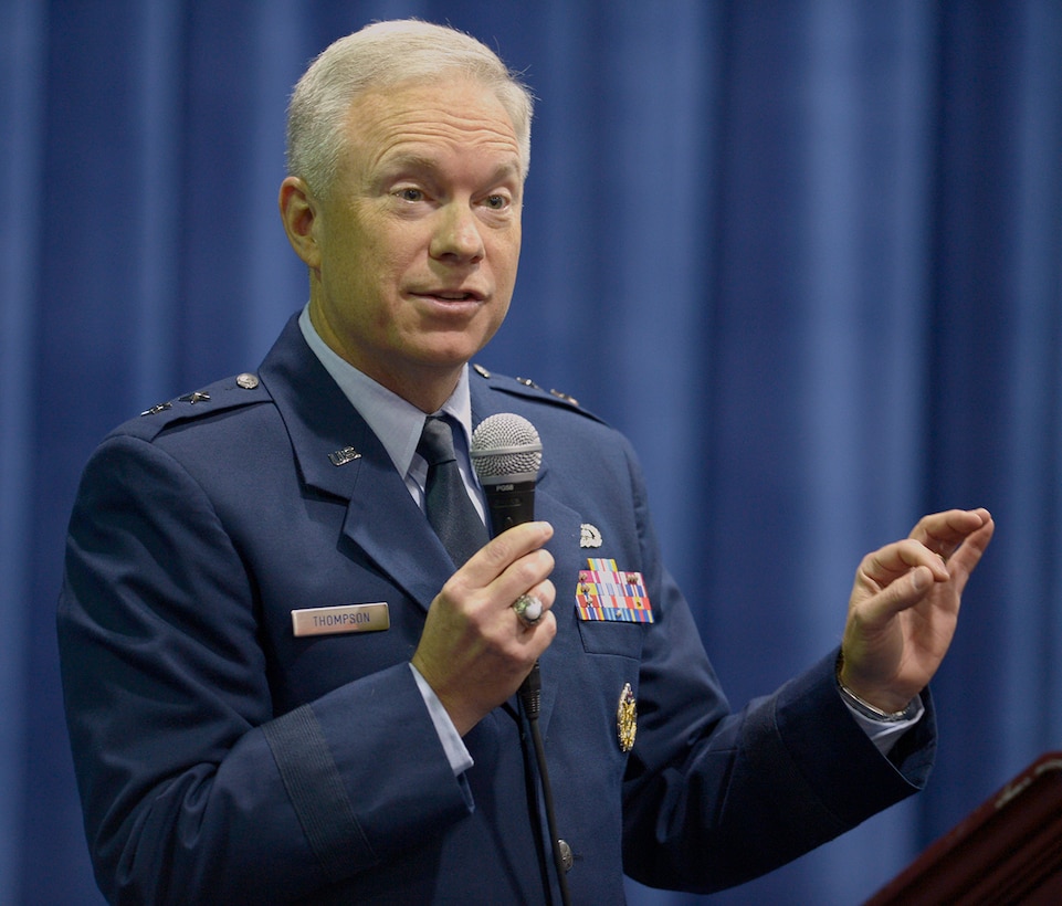 Maj. Gen. John F. Thompson discusses the KC-46 tanker program at the Air Force Association’s 2013 Air & Space Technology Exposition Sept. 17, 2013, in Washington, D.C. During his speech, Thompson outlined continued progress in the tanker's design and acquisition timeline. Thompson is the Air Force program executive officer for tankers. (U.S. Air Force photo/Andy Morataya)