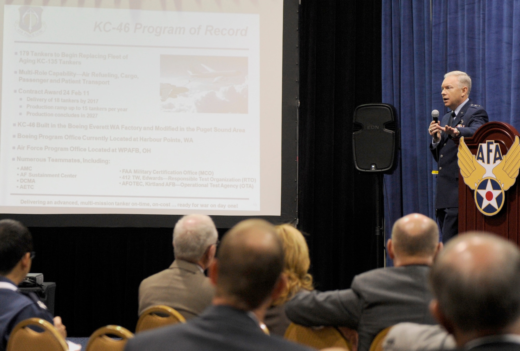 Maj. Gen. John F. Thompson leads a discussion about the requirements of the KC-46 tanker program at the Air Force Association’s 2013 Air & Space Technology Exposition Sept. 17, 2013, in Washington, D.C.  Thompson is the Air Force program executive officer for tankers. (U.S. Air Force photo/Andy Morataya)