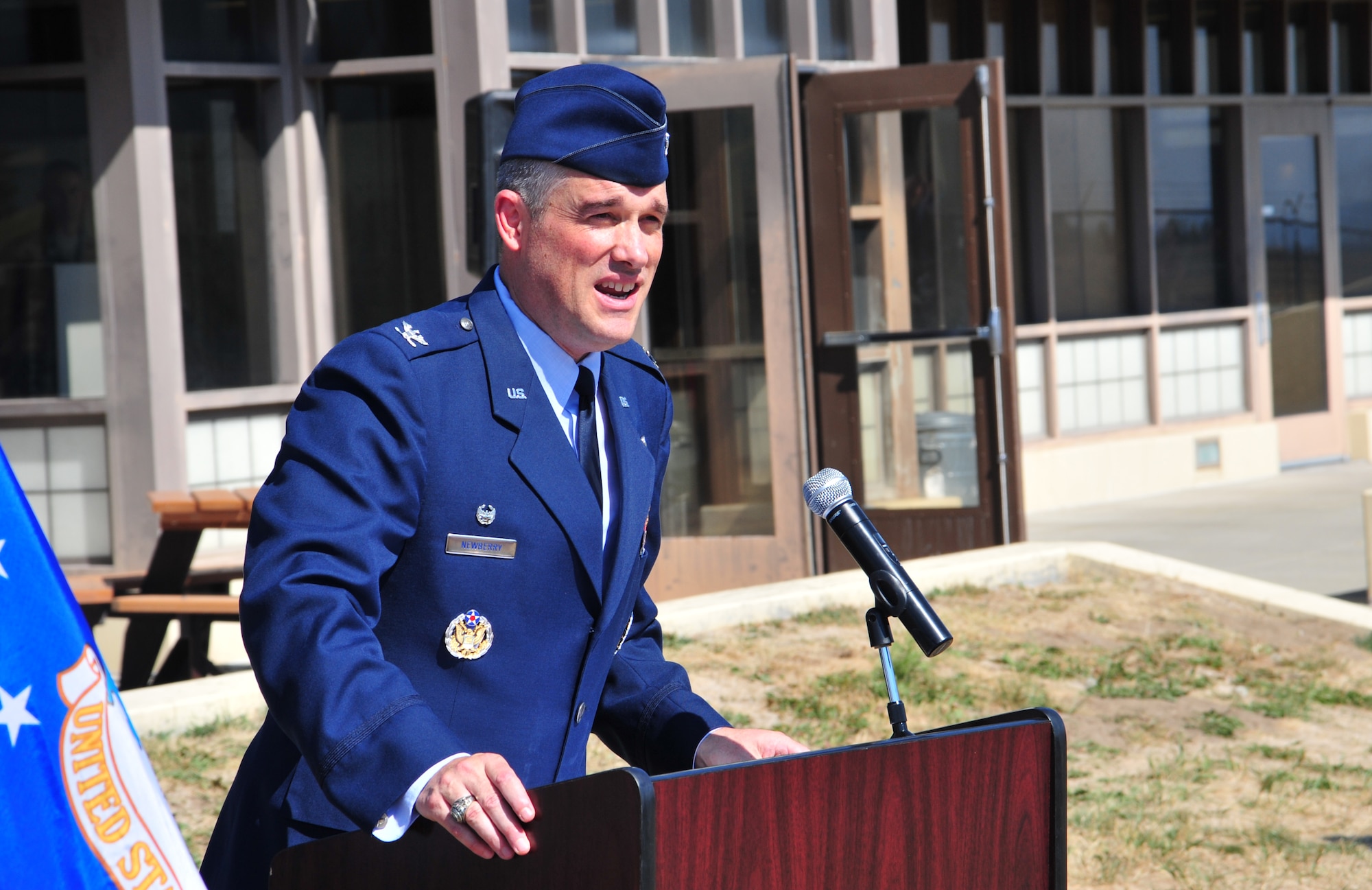 Col. Brian Newberry, 92nd Air Refueling Wing commander, speaks during the honor guard graduation at Fairchild Air Force Base, Wash., Sept. 13, 2013. (U.S. Air Force photo by Staff Sgt. Michael Means/Released)
