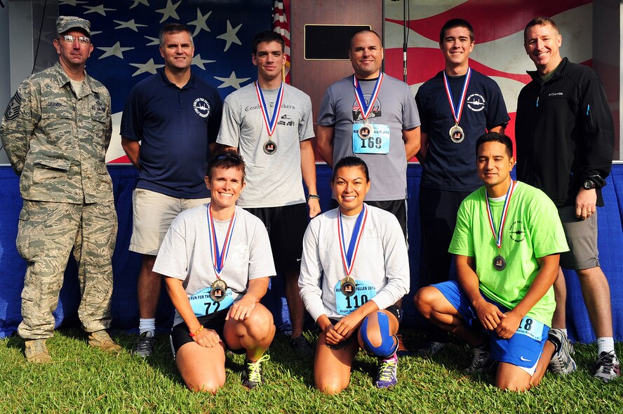 Individual category winners pose for a photo with 4th Fighter Wing leaders after the Run for the Fallen 5K/Half-Marathon hosted by the Company Grade Officers’ Council at Seymour Johnson Air Force Base, N.C., Sept. 14, 2013.  The top runners were recognized on stage and presented with an additional medal for their performance.  (U.S. Air Force photo by Airman 1st Class Brittain Crolley)