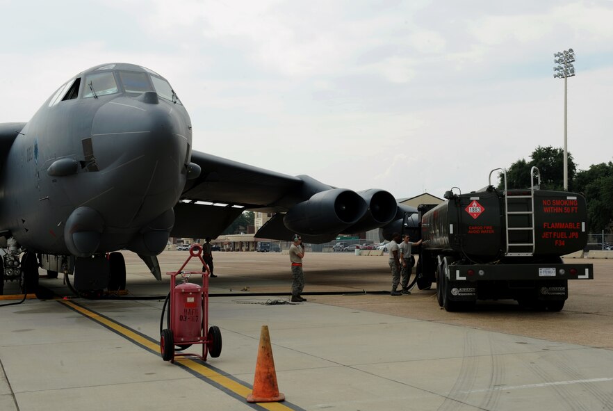 An R-11 fuel truck disperses JP-8 fuel into a B-52H Stratofortress on Barksdale Air Force Base, La., Sept. 17, 2013. An R-11 fuel truck holds up to 6,000 gallons of JP-8 fuel. At its highest setting, the R-11 can pump 600 gallons of JP-8 per minute. (U.S. Air Force photo/Senior Airman Benjamin Gonsier)