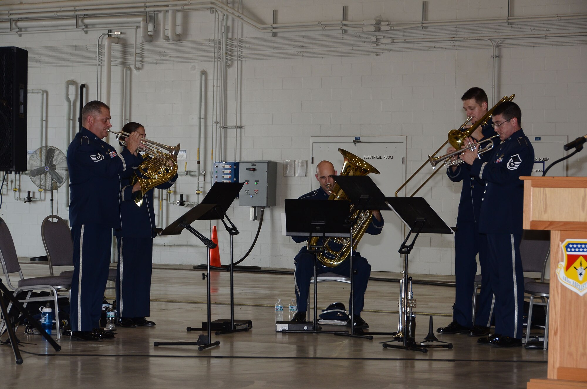 WRIGHT-PATTERSON AIR FORCE BASE, Ohio - The Air Force Band of Flight, Wright Brass, performed before more than 100 community leaders, military and civilian personnel attending the Sept. 10 445th Airlift Wing ceremony honoring the City of Fairborn, Ohio, when it named one of its nine C-17 Globemaster IIIs after the city. (U.S. Air Force photo/Tech Sgt. Anthony Springer)