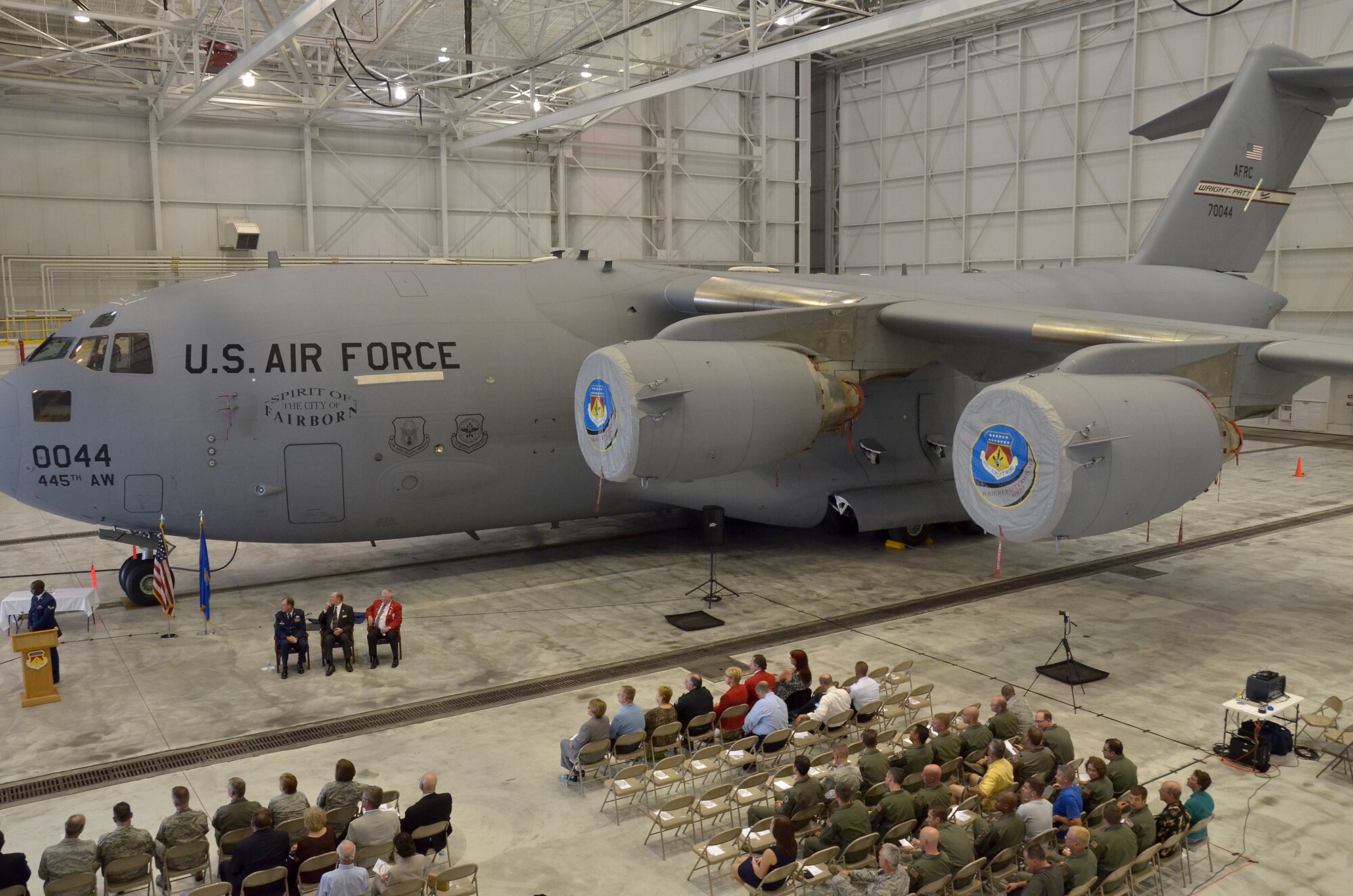 WRIGHT-PATTERSON AIR FORCE BASE, Ohio - More than 100 community leaders, military and civilian personnel were in attendance Sept. 10 when the 445th Airlift Wing held a ceremony here to honor the City of Fairborn, Ohio, by naming one of its nine C-17 Globemaster IIIs after the city. (U.S. Air Force photo/Stacy Vaughn)