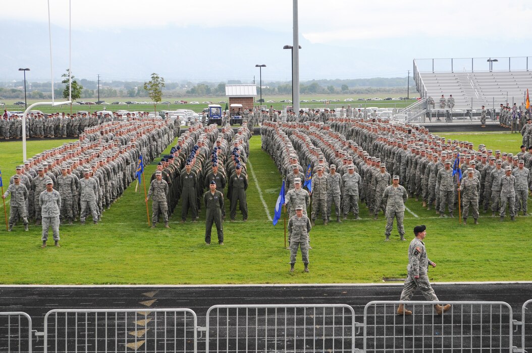 Members of the Utah Air National Guard stand in formation during the annual Utah Governors Day at Westlake Highschool in Saratoga Springs Utah on September 14th 2013.  Governors day is a Utah tradition when the Governor of Utah performs a ceremonial review of Utah National Guard members.(U.S. Air National Guard photo by TSgt. Jeremy Giacoletto-Stegall)(RELEASED)