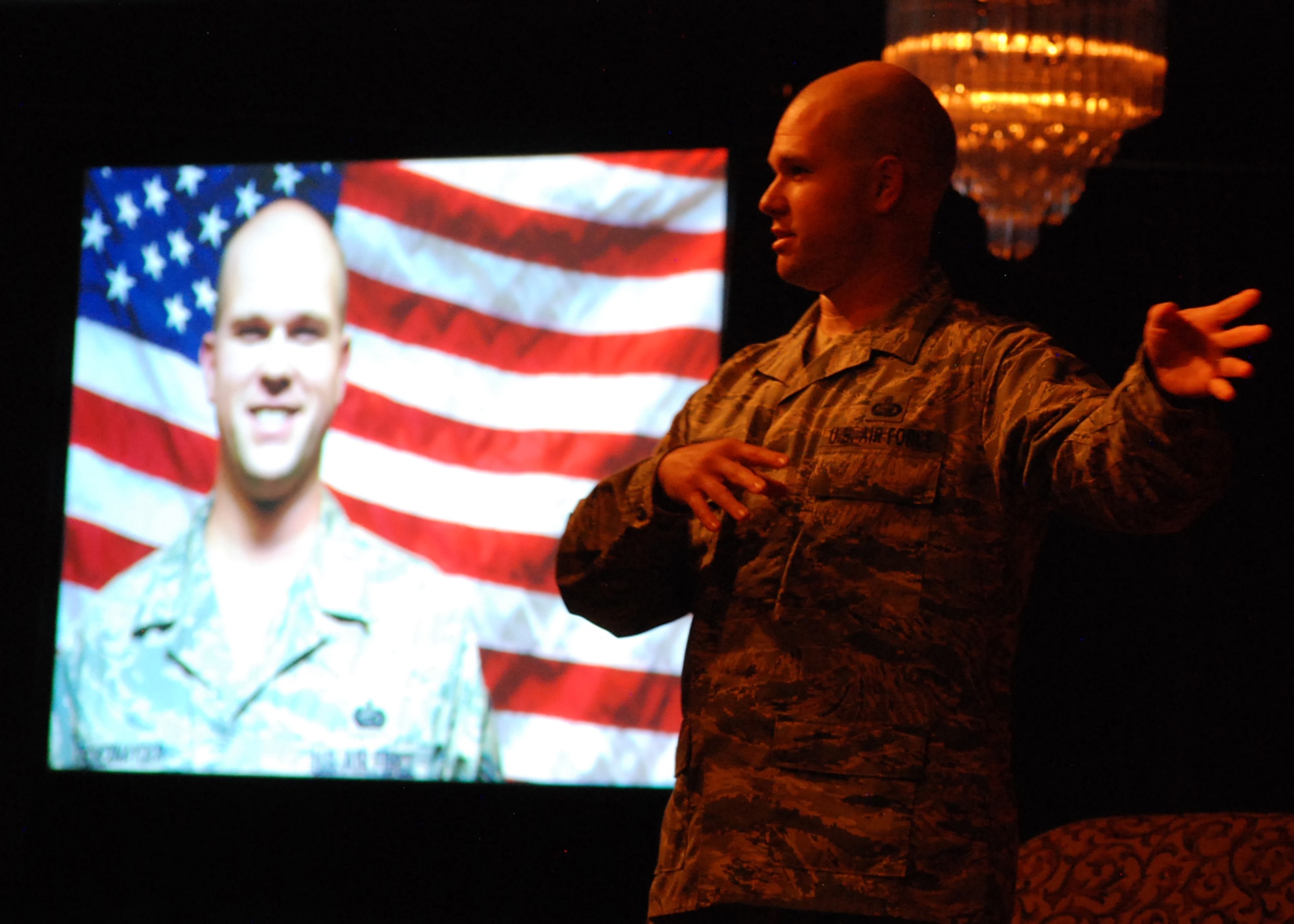 PETERSON AIR FORCE BASE, Colo. – Master Sgt. Stephen Schexnayder, 561st Network Operations Squadron, shares the story of his life-long battle with weight and how it almost resulted in his discharge from the Air Force  during Storytellers Sept. 12 at The Club. Storytellers was created to encourage Airmen to share their stories, to get the stories out in the open and to watch these stories change lives.