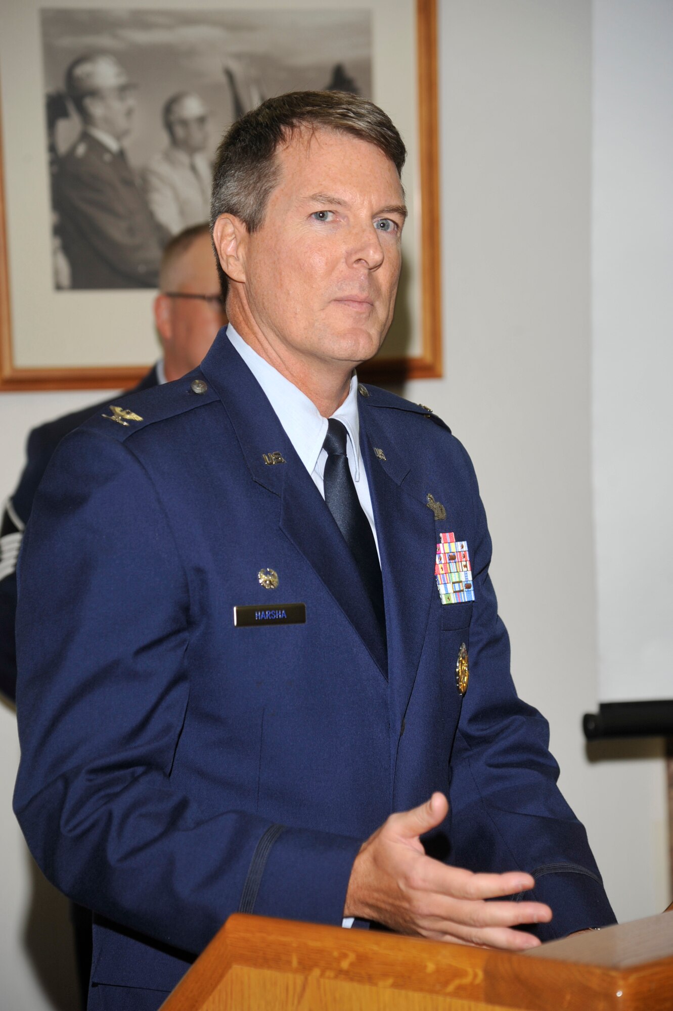 CHEYENNE MOUNTAIN AIR FORCE STATION, Colo. – On the 12th anniversary of the 9/11 attacks, Col. Travis Harsha, 721st Mission Support Group and CMAFS installation commander, addresses the audience during a memorial ceremony at Cheyenne Mountain. Following his remarks, Harsha and Don Addy, chairman of the Colorado Thirty Group, placed a wreath at the CMAFS 9/11 memorial. (U.S. Air Force photo/Robb Lingley)