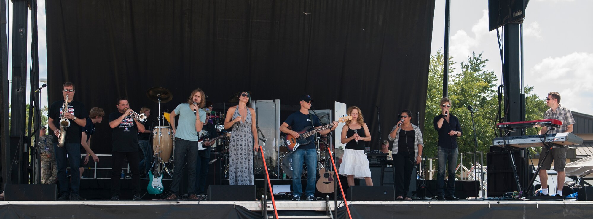 The Lt. Dan Band completes a sound check before concert kicks off at Moody Air Force Base, Ga., Sept. 15, 2013. The band was founded by Gary Sinise, bass player and actor known for his portrayal of Lt. Dan Taylor in the movie “Forrest Gump.” (U.S. Air Force photo by Airman Alexis Grotz/Released)