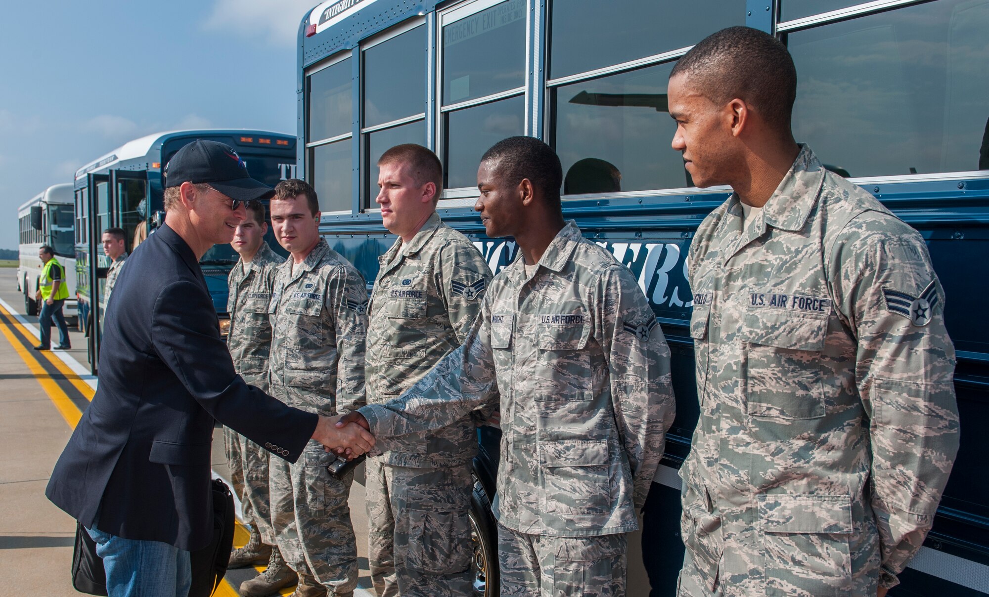 Gary Sinise, founder of the Lt. Dan Band, meets Airmen from Moody Air Force Base, Ga., Sept. 15, 2013. The Lt. Dan Band travels to perform for military members all over the world. (U.S. Air Force photo by Airman Alexis Grotz/Released)